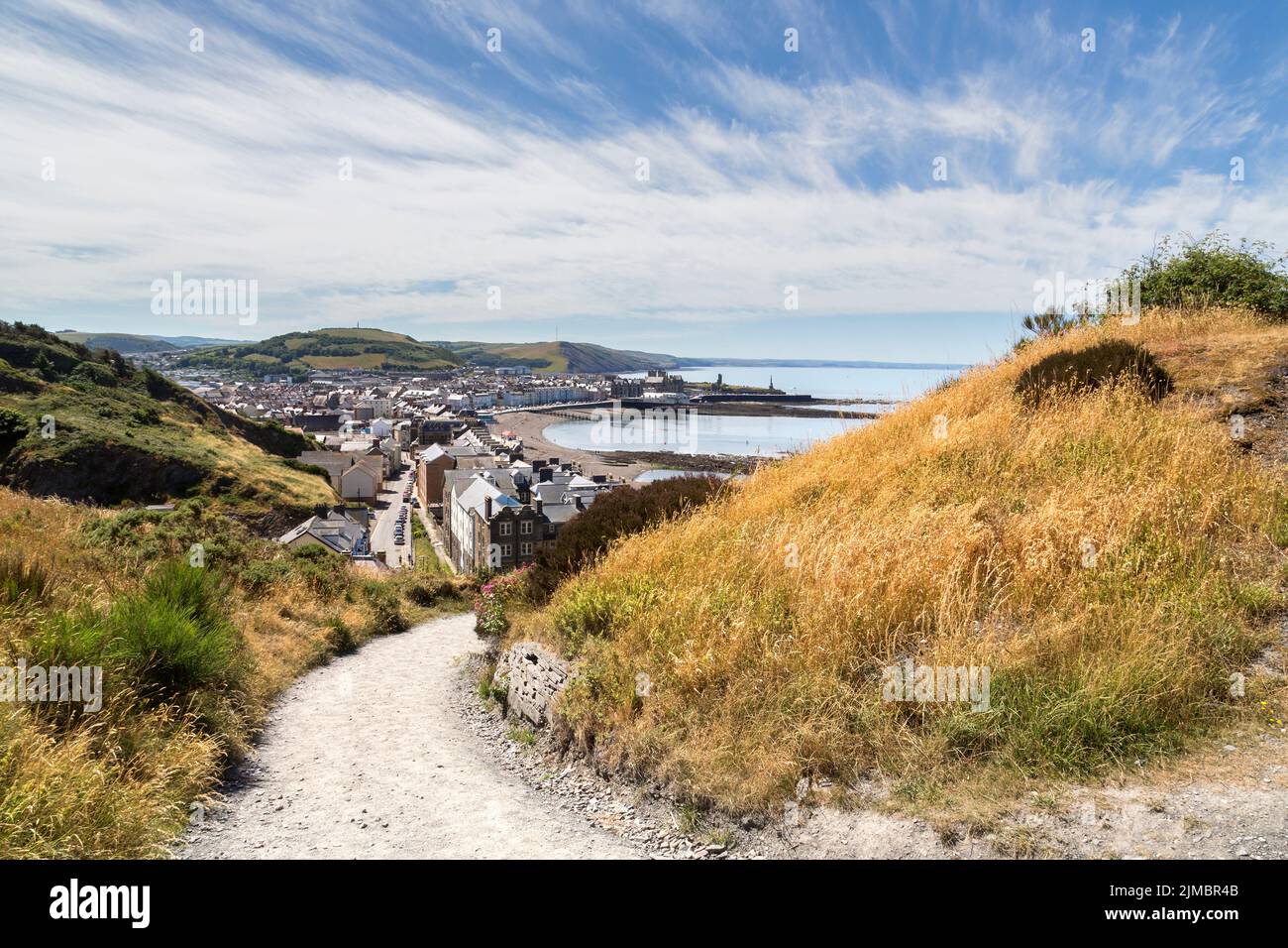Looking down Constitution Hill to Cardigan Bay and the seaside university town of Aberystwyth, Wales, United Kingdom. Stock Photo