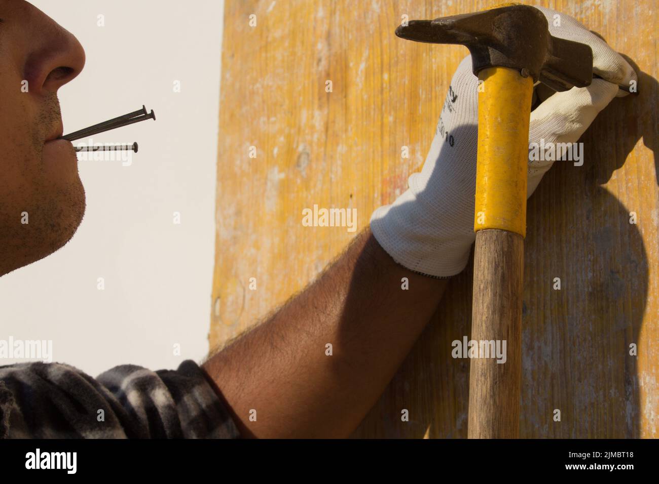 Image of a carpenter's mouth holding nails between his lips while