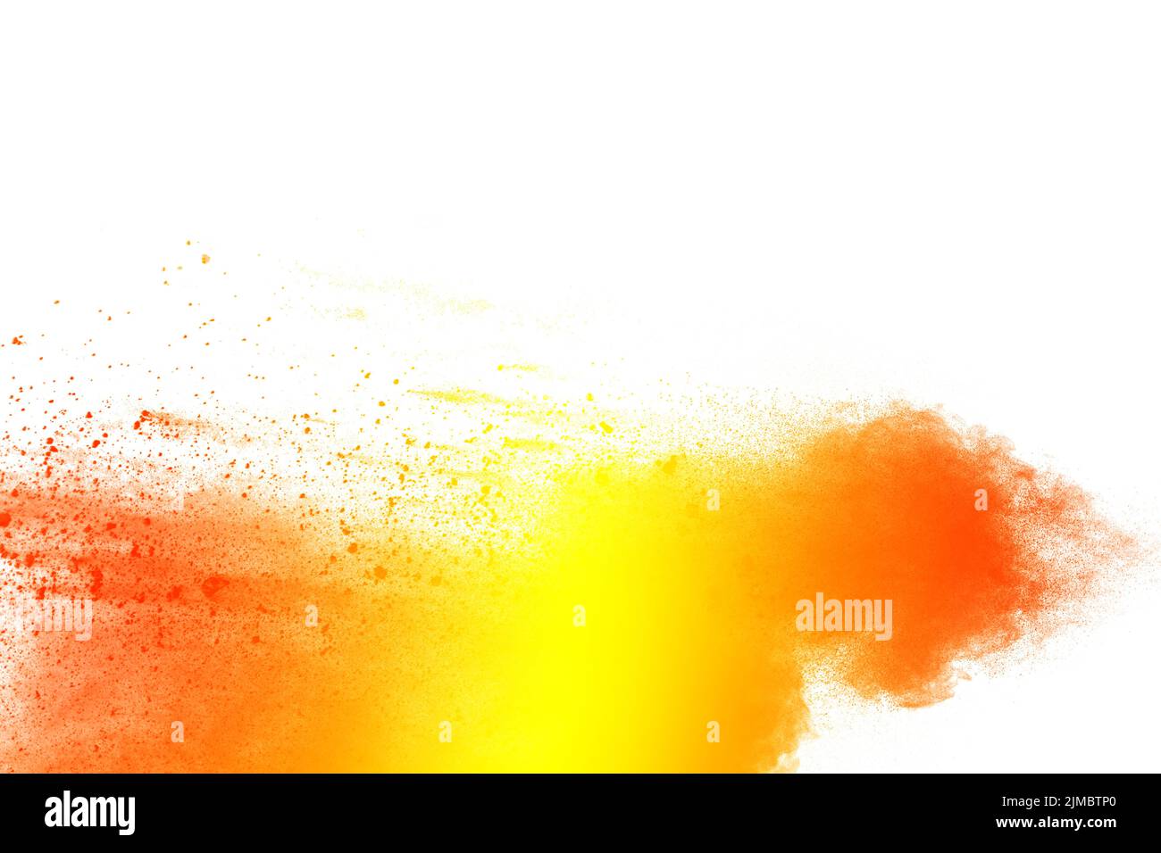 Yellow orange color powder splatter on white background. Color