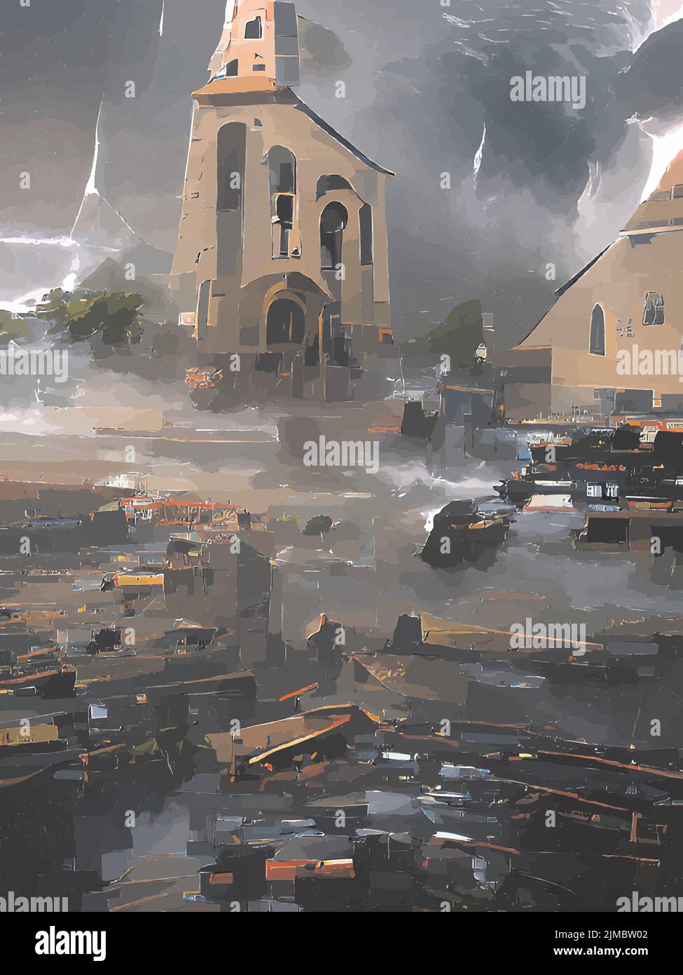 Painting of a destroyed church Stock Vector