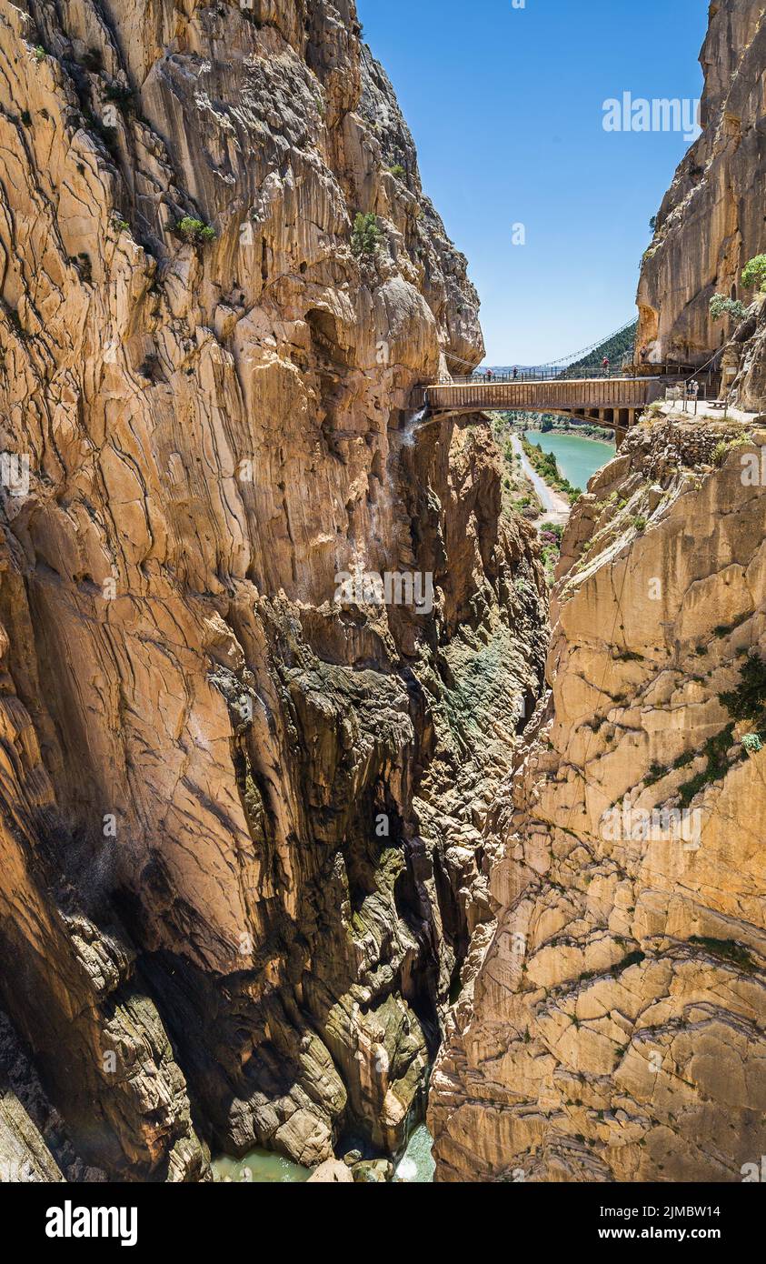 Path (Caminito del rey) along steep cliffs, rocks and mountain river in Spain Stock Photo