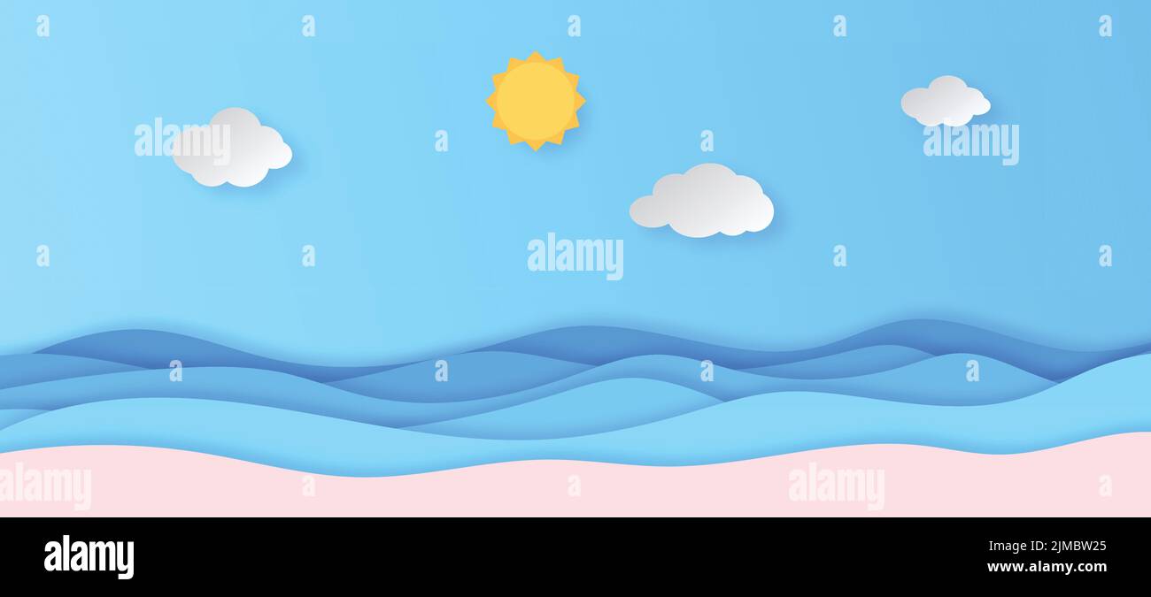 A summer background with blue sea, sandy beach, and blue cloudy sky ...