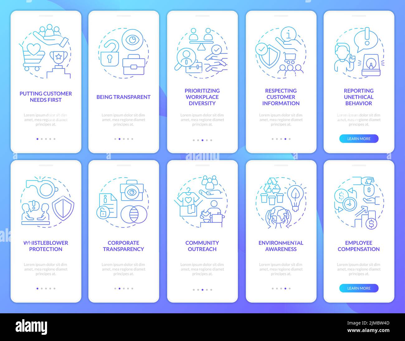 Corporate social responsibilities gradient onboarding mobile app screen set Stock Vector