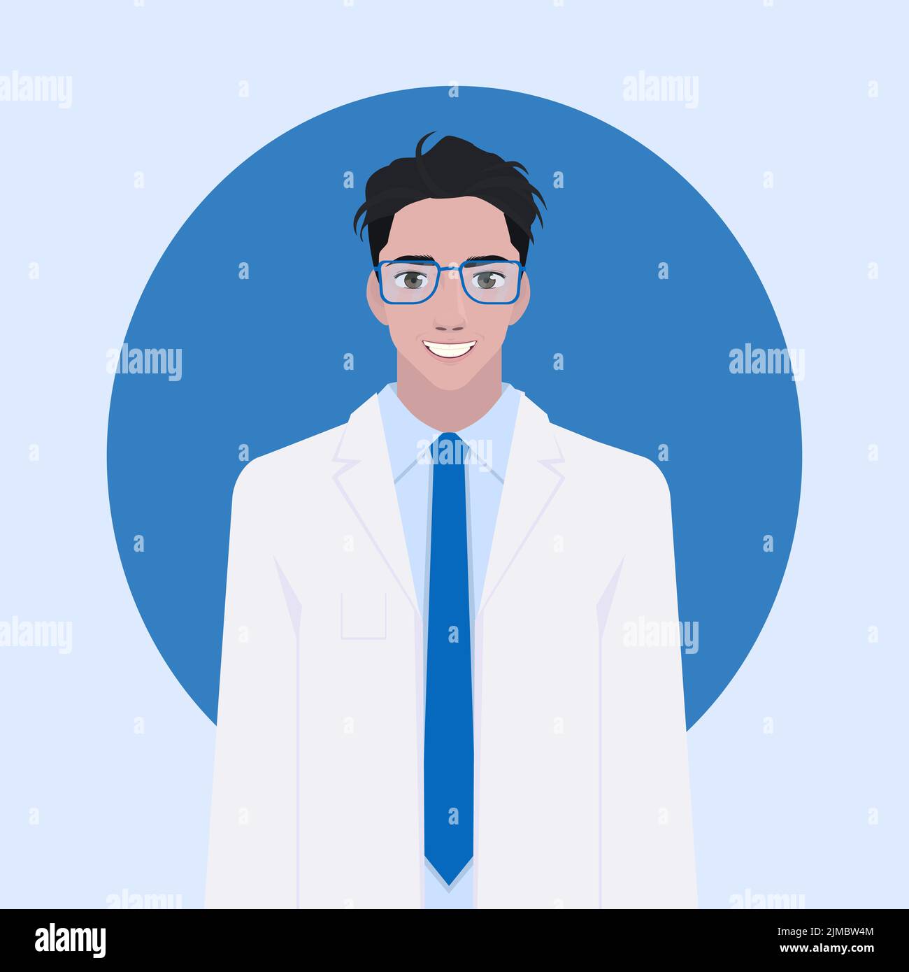 Flat half body male with glasses. Health care young doctors vector illustration person cartoon avatar profile character. Hospital staff: doctor, nurse Stock Vector