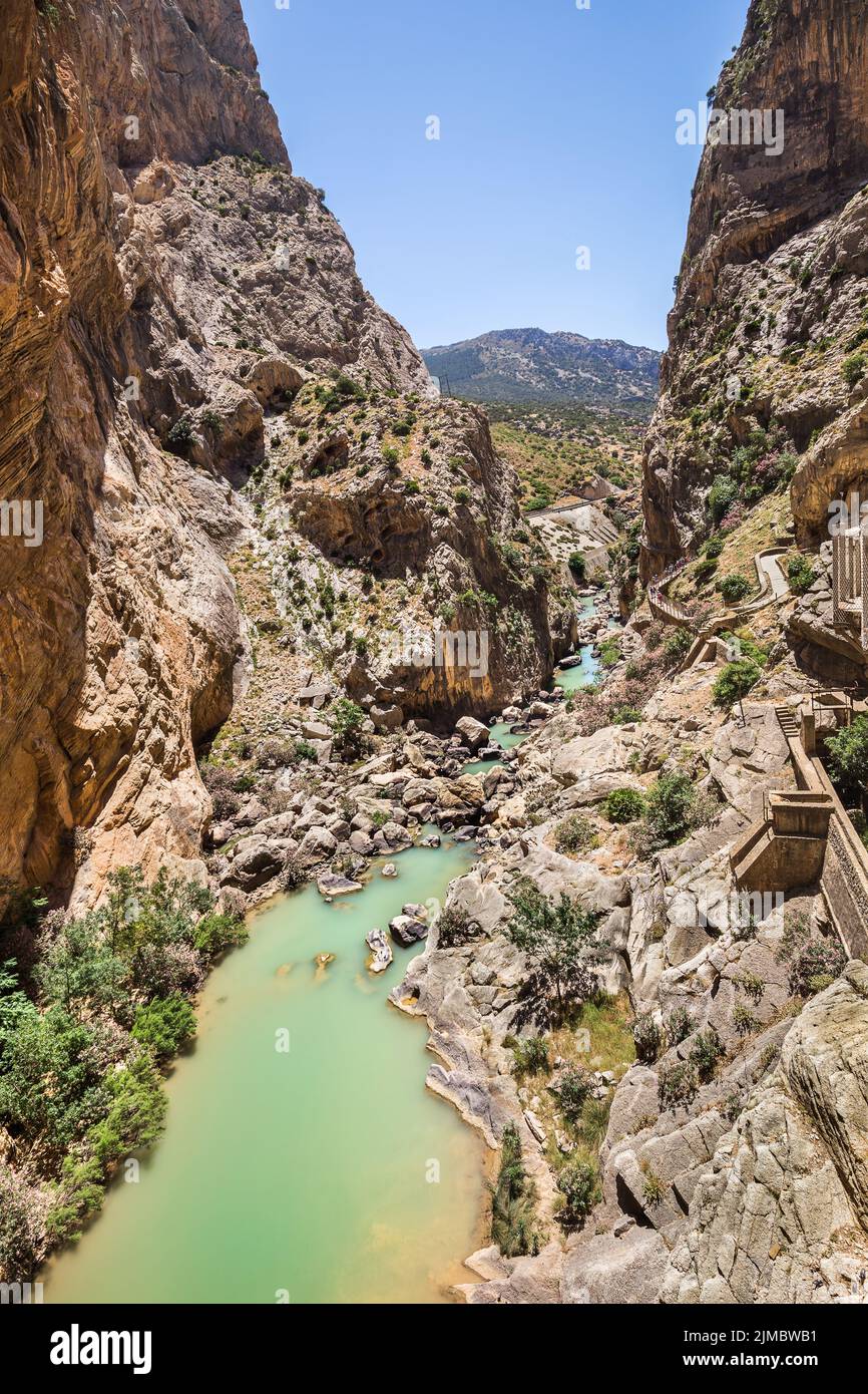 Path (Caminito del rey) along steep cliffs, rocks and mountain river in Spain Stock Photo