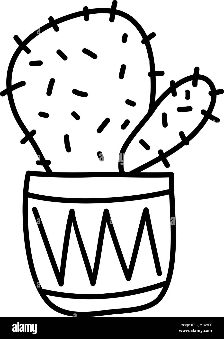 Vector Cactus potted Plant Echinocactus Houseplant monoline hand drawn on white isolated illustration scandinavian Stock Vector