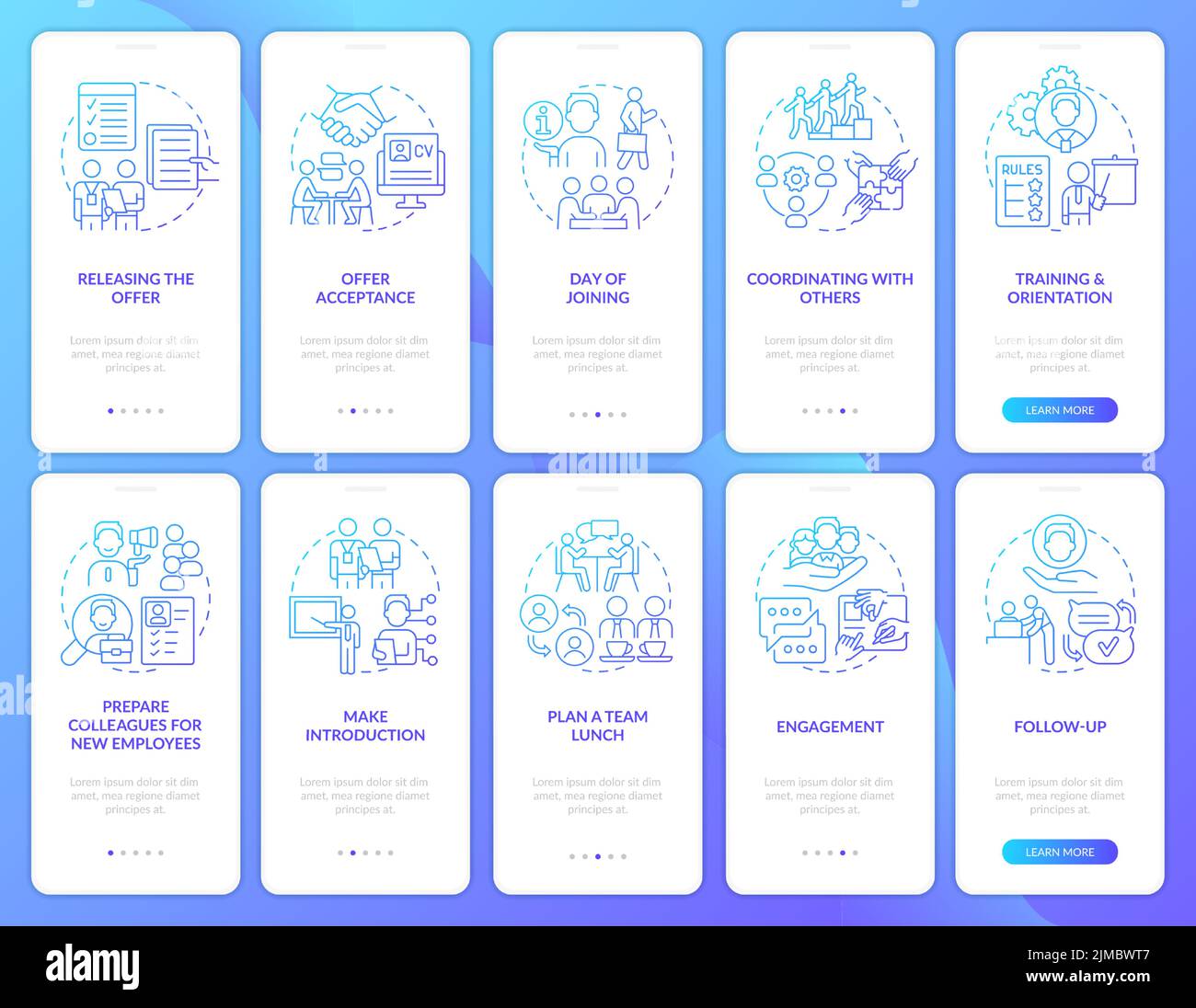 Developing employee integration blue gradient onboarding mobile app screen set Stock Vector