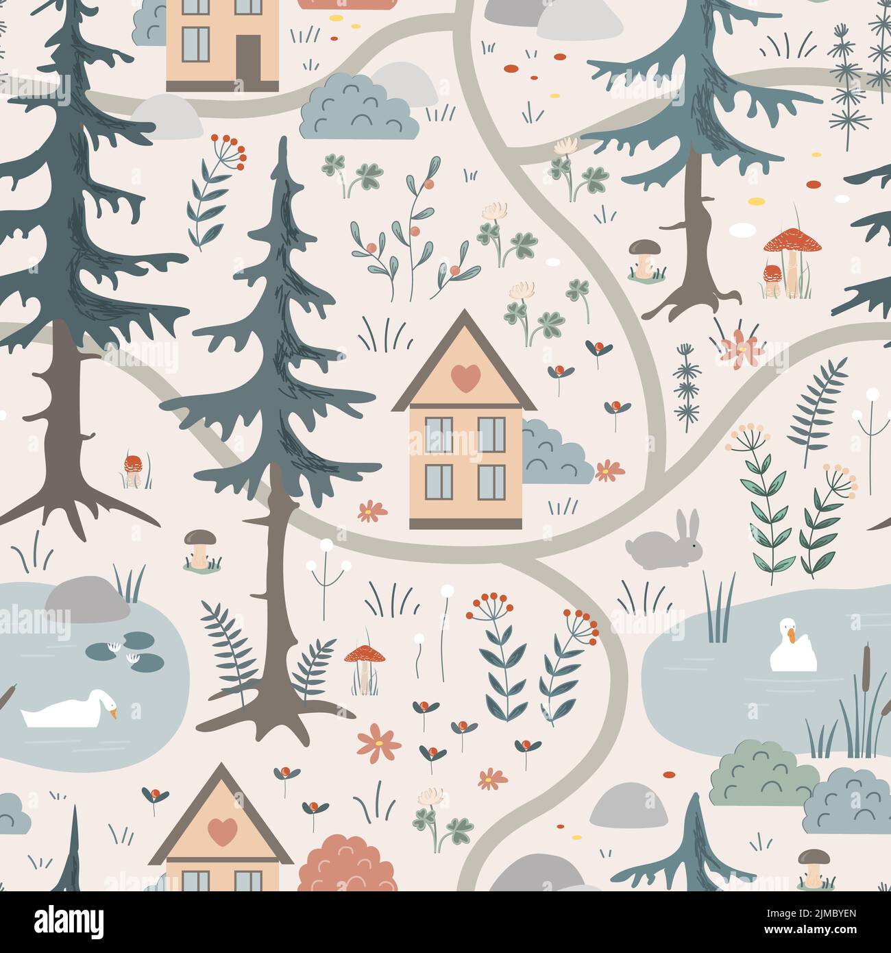 Cute seamless pattern with forest landscape elements. Cartoon animals, lake, houses, trees and flowers. Scandinavian vector background Stock Vector