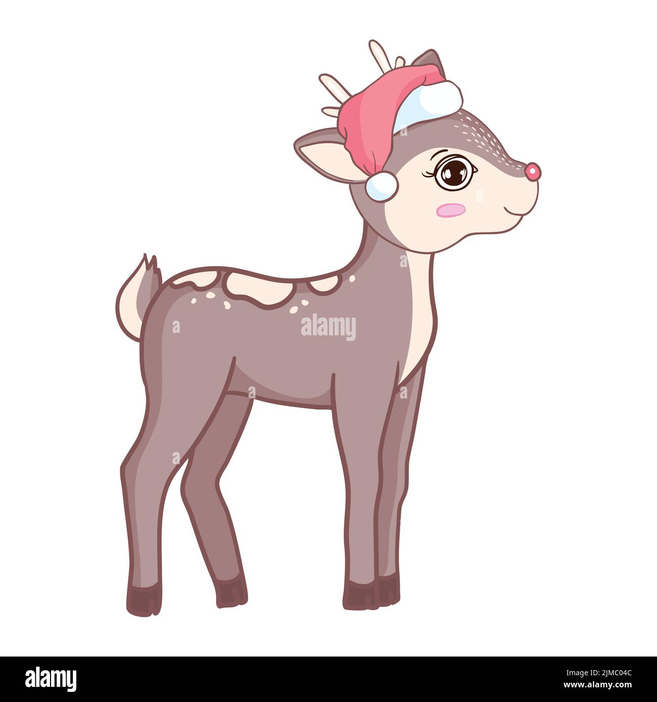 Vector illustration of a cute cartoon deer in a Santa hat on a white ...