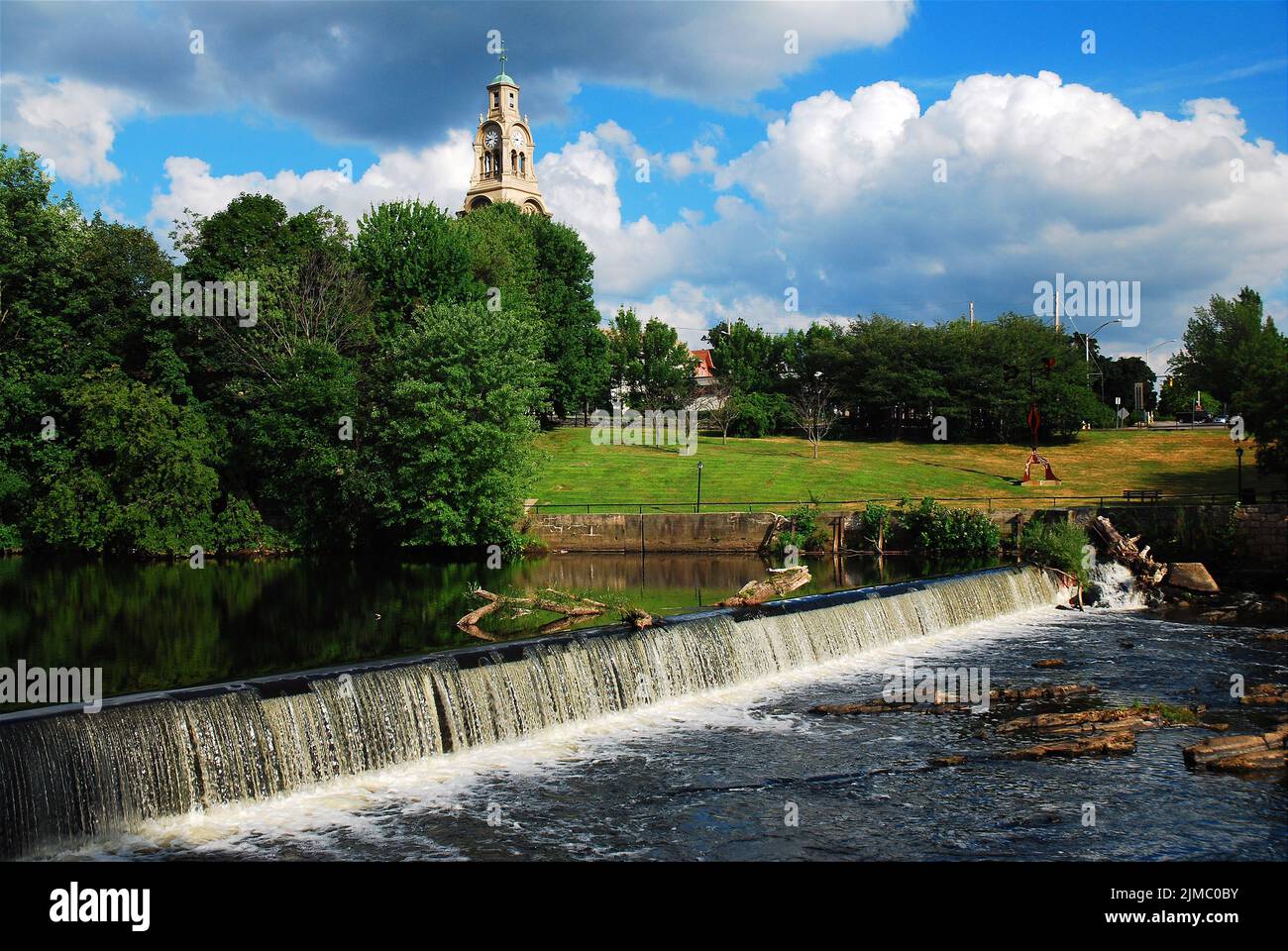 A dam along the Blackstone River in Pawtucket, Rhode Island, powered the Slater Mills, one of the first industrial complexes and sites in the USA Stock Photo