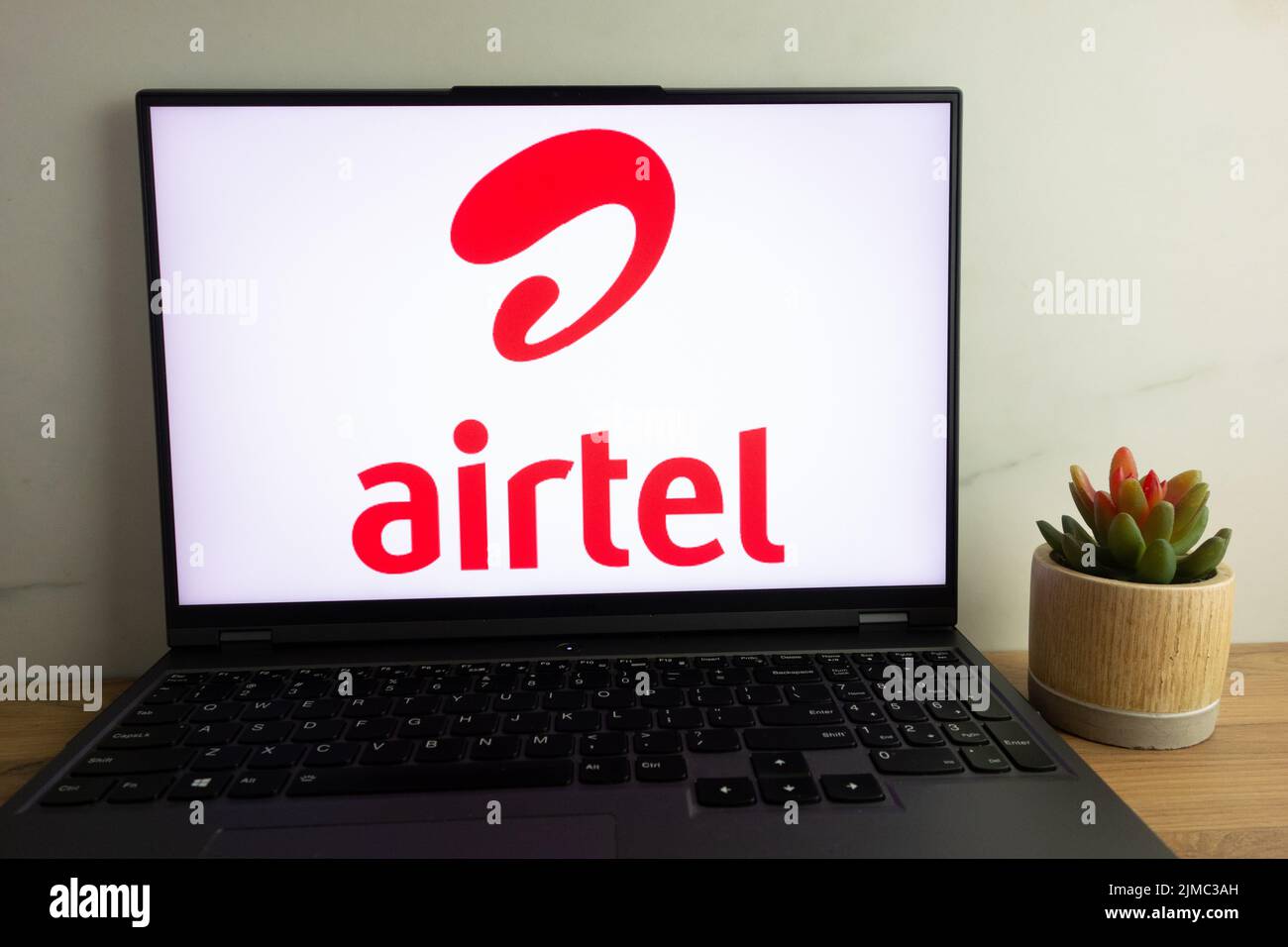 KONSKIE, POLAND - August 04, 2022: Airtel Africa plc multinational company that provides telecommunications and mobile money services logo displayed o Stock Photo