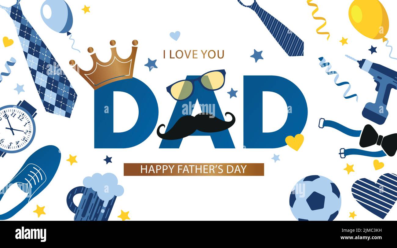 Father s Day banner template with necktie, glasses, crown and gift box on white. Greetings and presents for Father s Day in flat style. Promotion and Stock Vector
