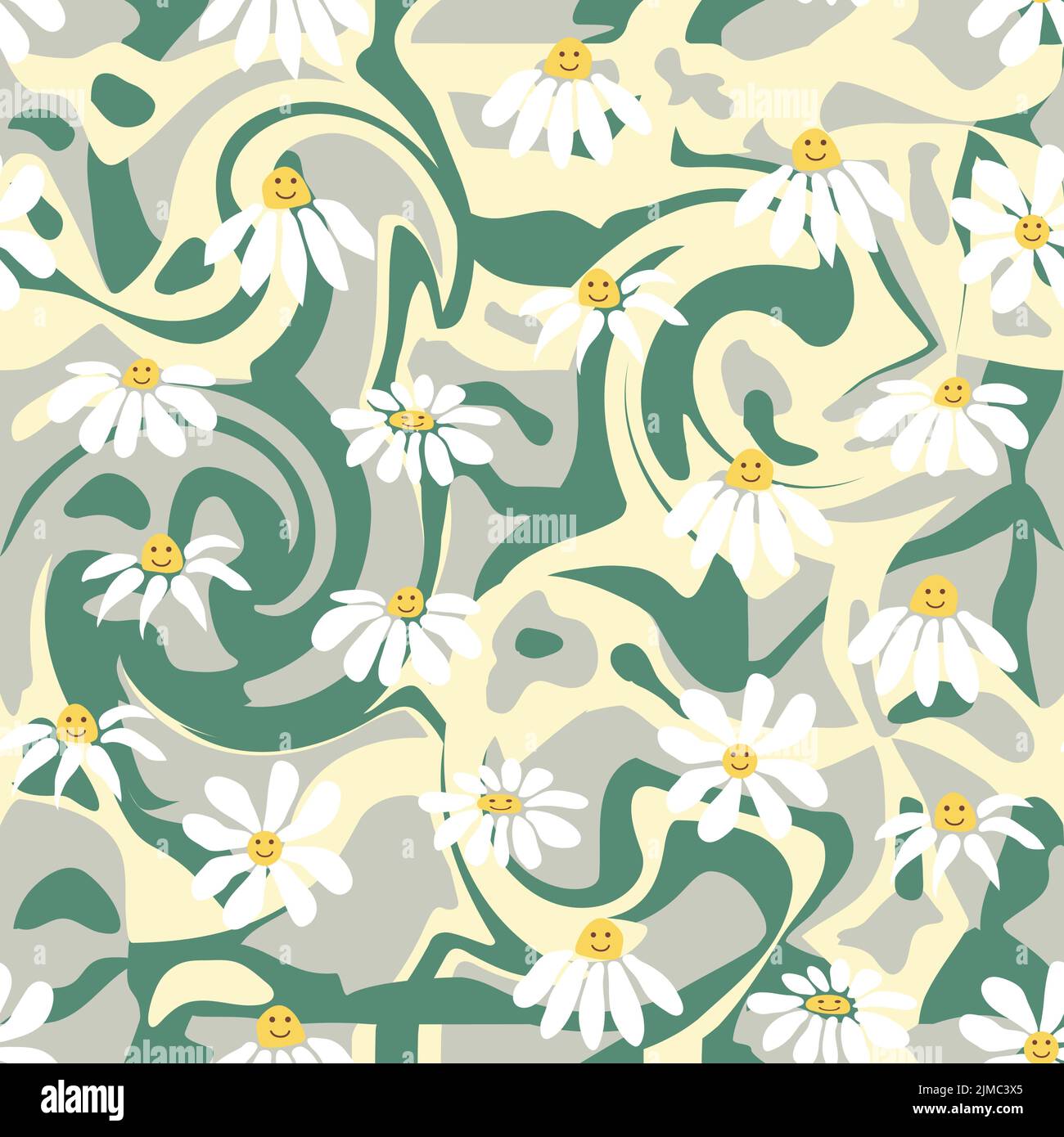 Groovy daisy retro seamless pattern. Retro Smile Chamomile Pattern on ...