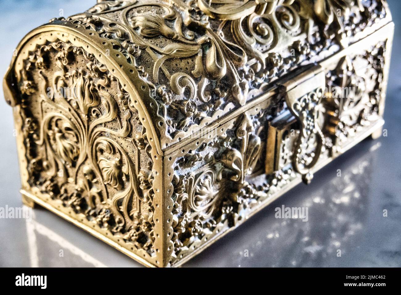 Antique brass mid-century floral design jewelry box Stock Photo