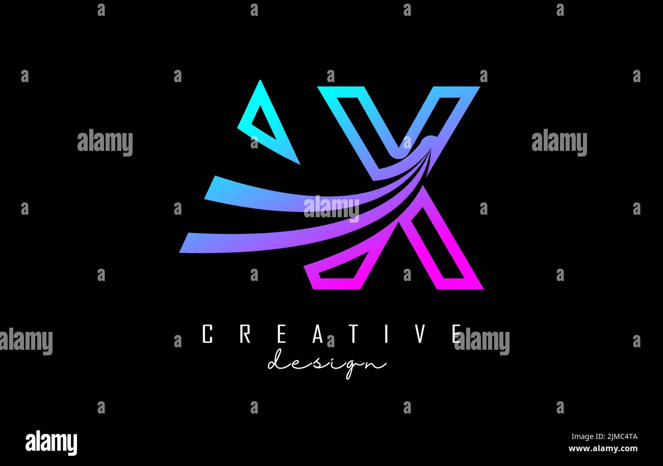 Outline colorful leading lines letters AX a x logo with road concept ...