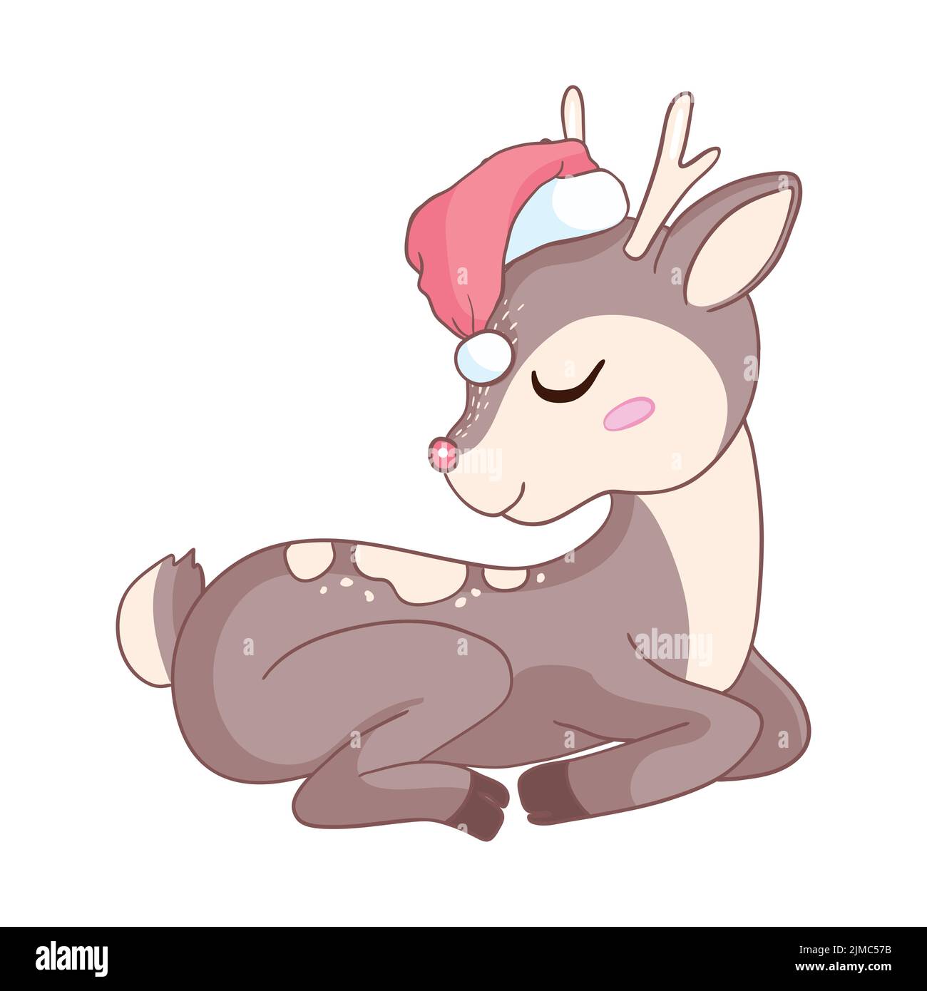 Vector illustration of a cute cartoon deer in a Santa hat on a white ...