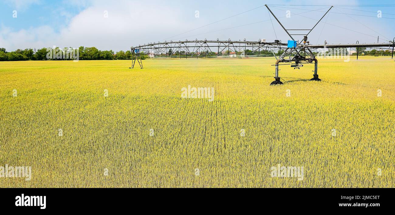 Irrigation system on wheels Stock Photo Alamy