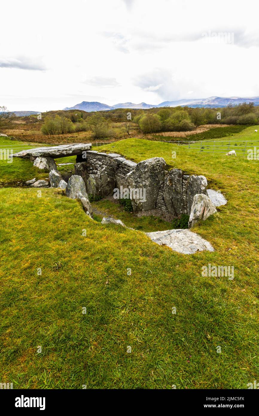 Capel Garmon Burial Chamber, prehistoric cairn with chambers, the Snowdonia Mountains provide a backdrop. Betws-y-Coed, North Wales, UK, portrait. Stock Photo