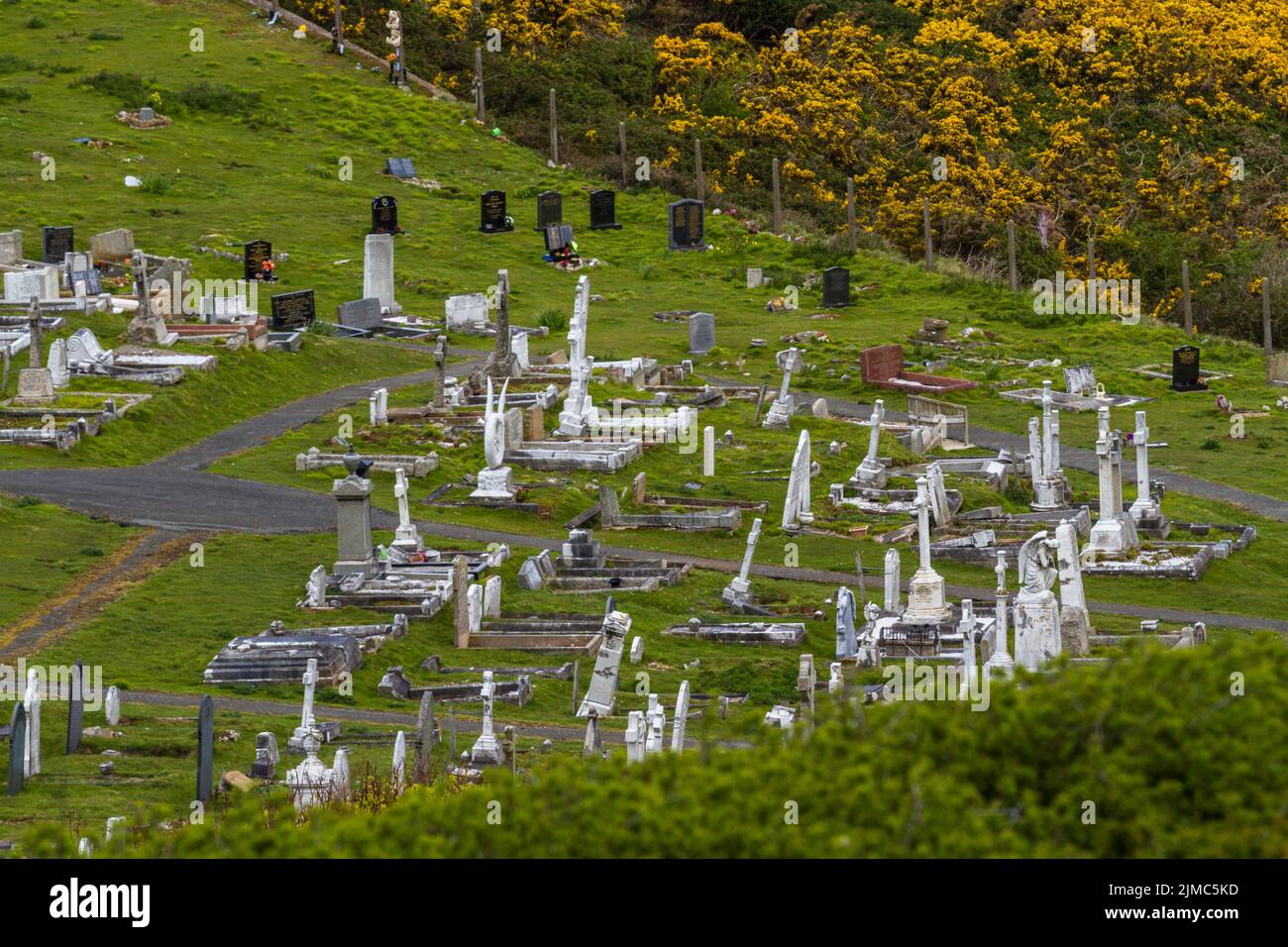 Large hillside cemetery. St. Tudnos Church Llandudno, North Wales, UK, landscape Stock Photo