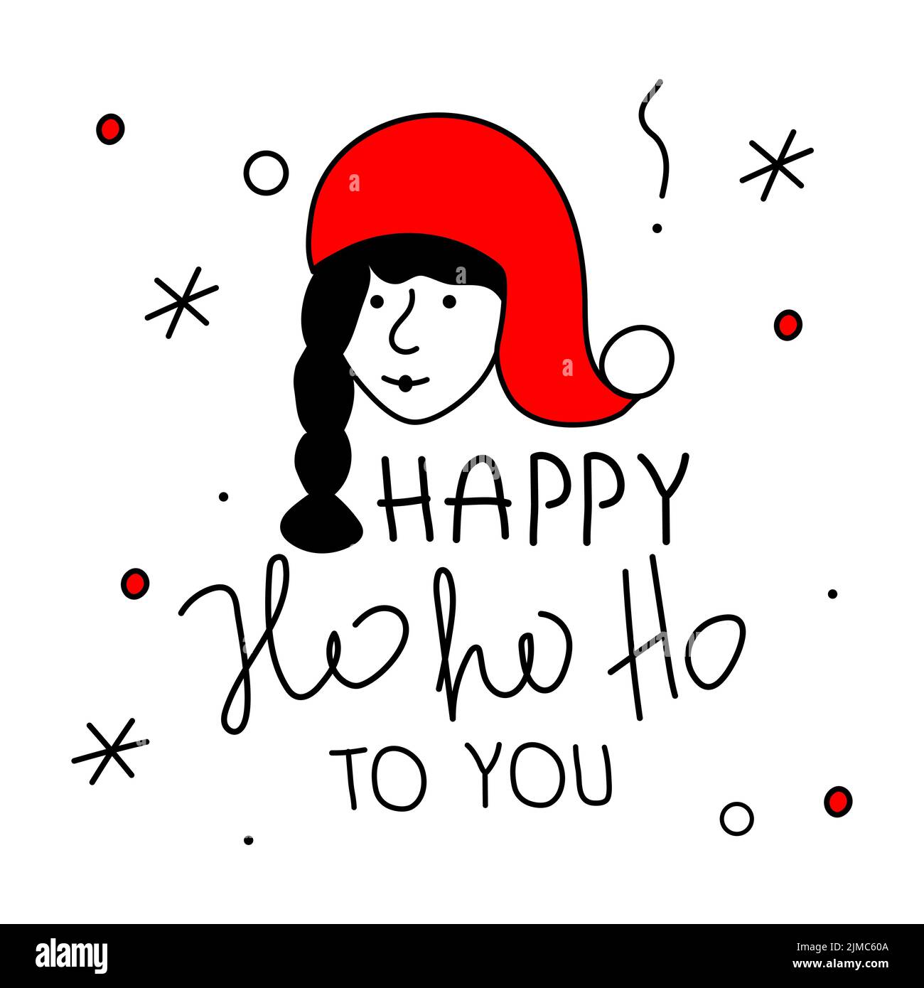 Avatars head, face of Merry Christmas girl and lettering HAPPY Ho Ho Ho to YOU. The xmas black and red vector illustration in doodle art style. Trendy Stock Vector