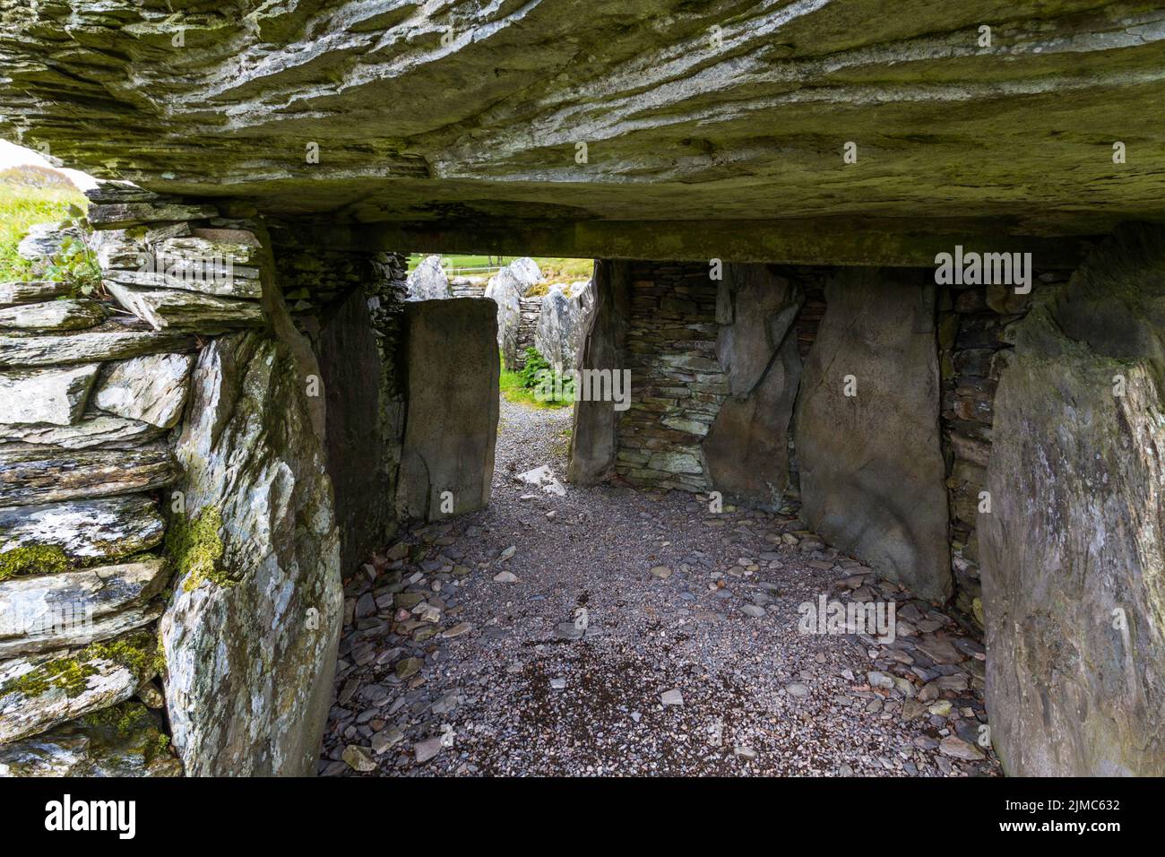 Inside Capel Garmon Burial Chamber, prehistoric cairn with chambers.. Betws-y-Coed, North Wales, UK, landscape. Stock Photo