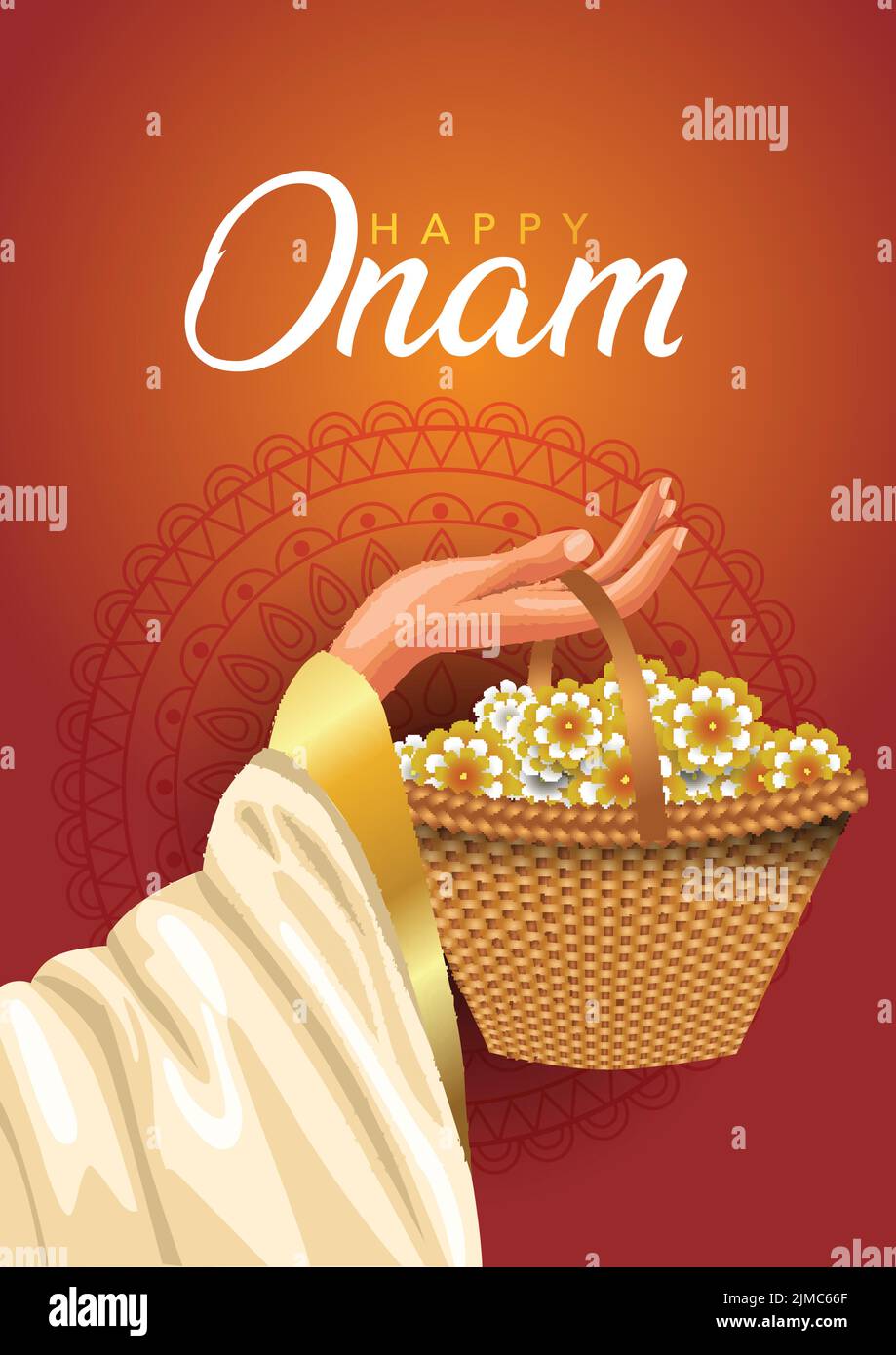 happy onam with Kerala girl holding flower basket on hand, use for