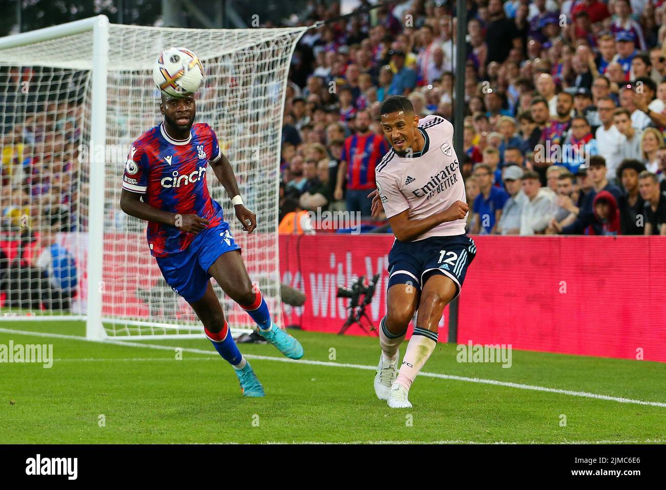 London, UK. 5th August 2022;  Selhurst Park, Crystal Palace, London, England;  Premier League football, Crystal Palace versus Arsenal:  William Saliba of Arsenal makes a clearance Credit: Action Plus Sports Images/Alamy Live News Stock Photo