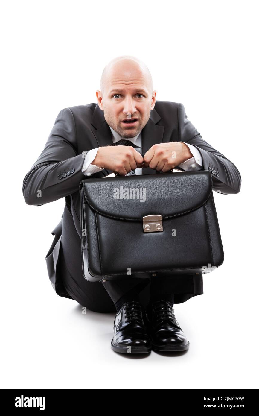 Unhappy scared or terrified businessman in depression hand holding