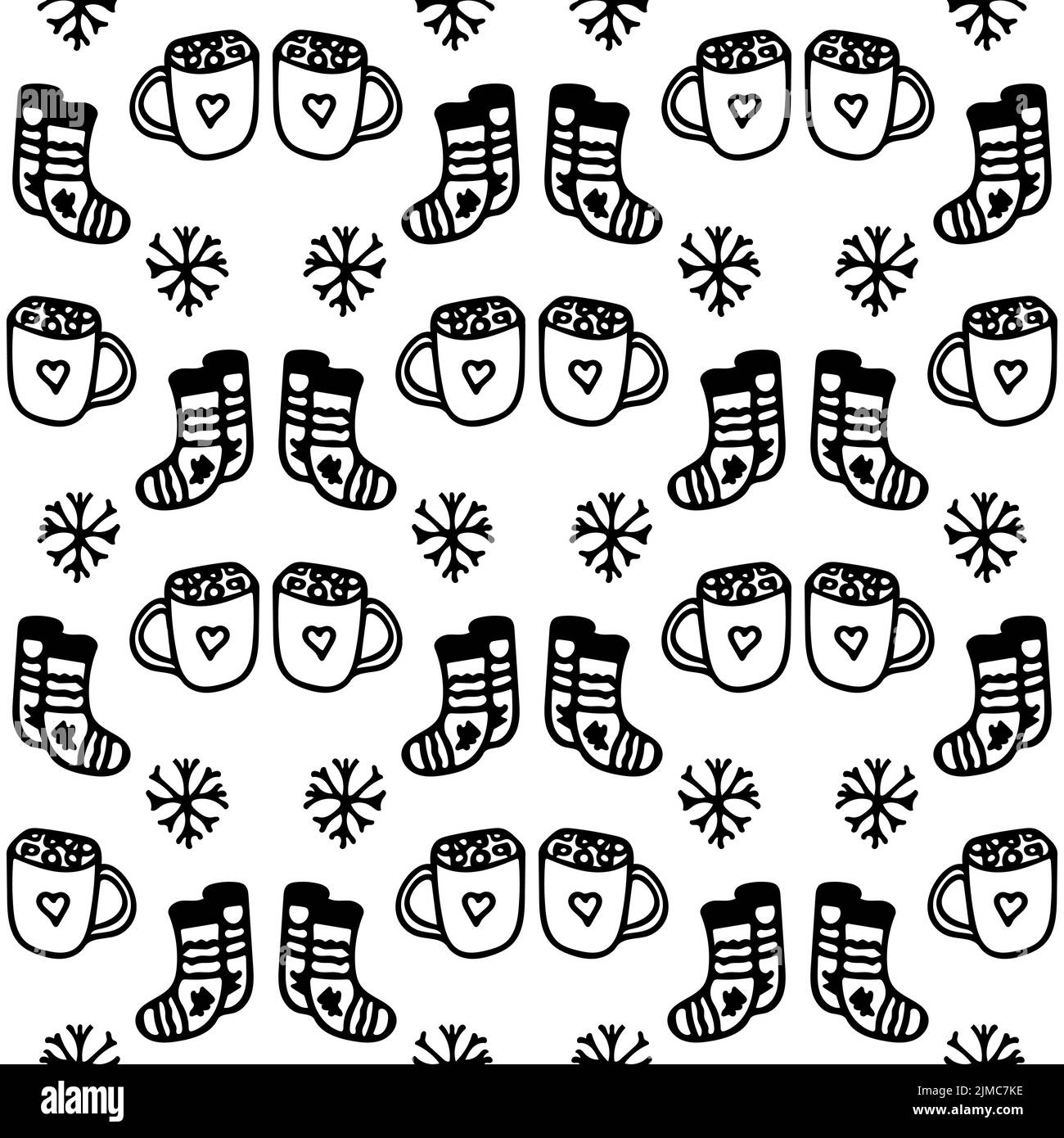 Cozy Christmas pattern with hot cocoa, socks, and snow. Seamless texture for New Years eve. Winter line art background Stock Vector