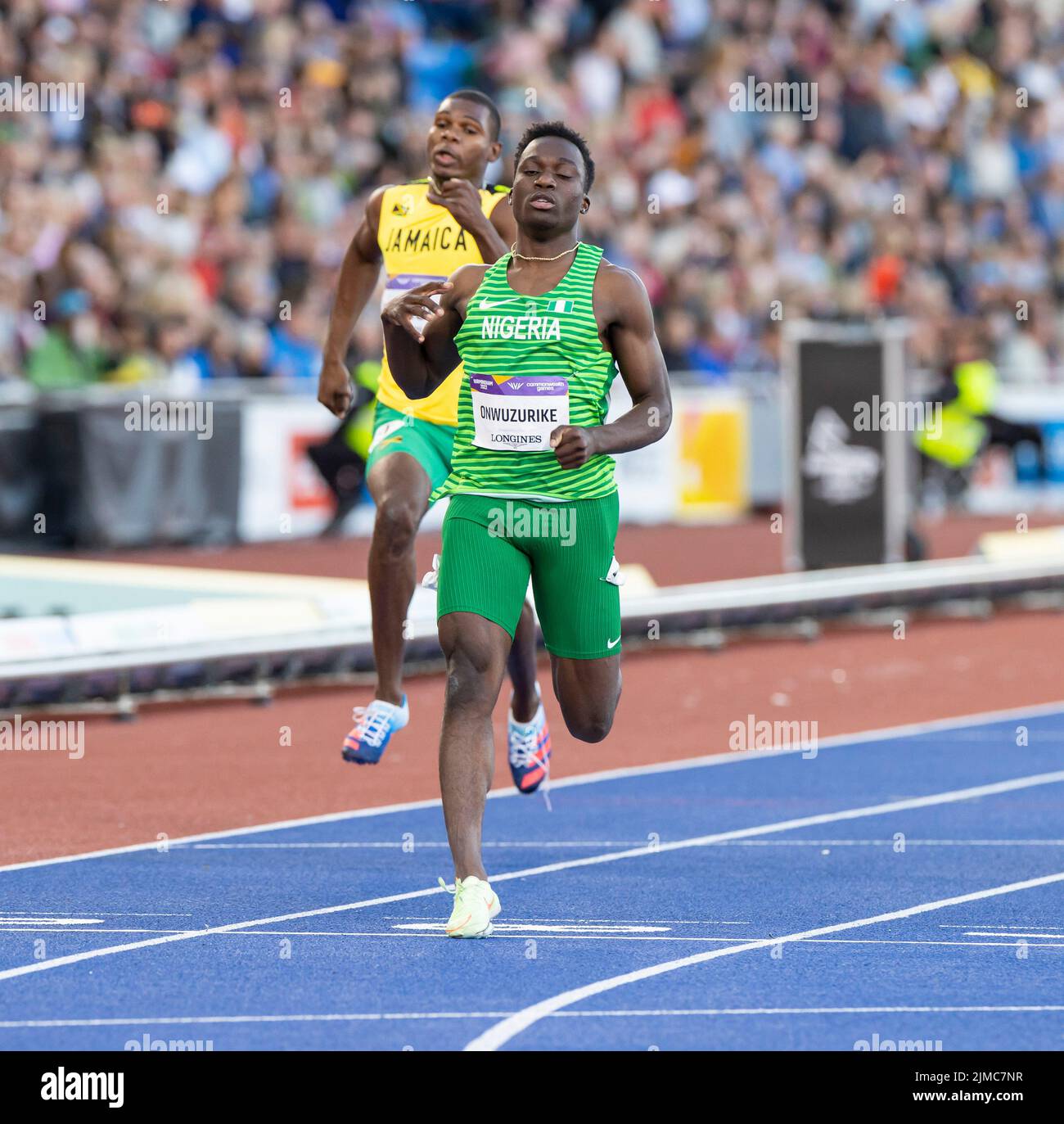 Birmingham, UK. 5th Aug 2022. 5th August 2022; Alexander Stadium, Birmingham, Midlands, England: Day 8 of the 2022 Commonwealth Games: Udodi Chudi Onwuzurike (NGR) crossing the finish line to win the Men's 200m Semi-Final Heat 2 Credit: Action Plus Sports Images/Alamy Live News Stock Photo