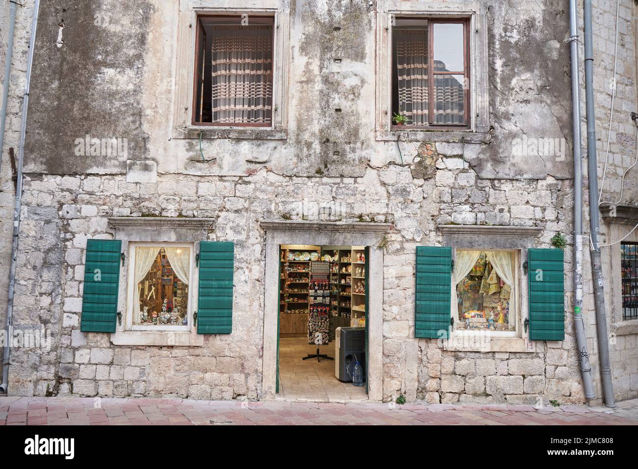 Gift shops in old town of Kotor, Montenegro. Stock Photo
