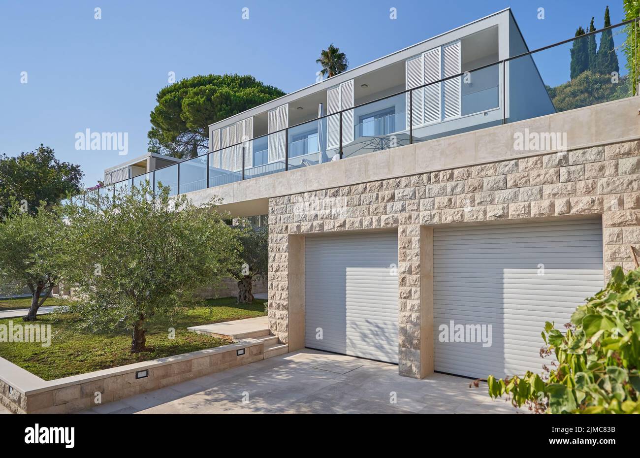 Two cars garage in a modern house. Stock Photo