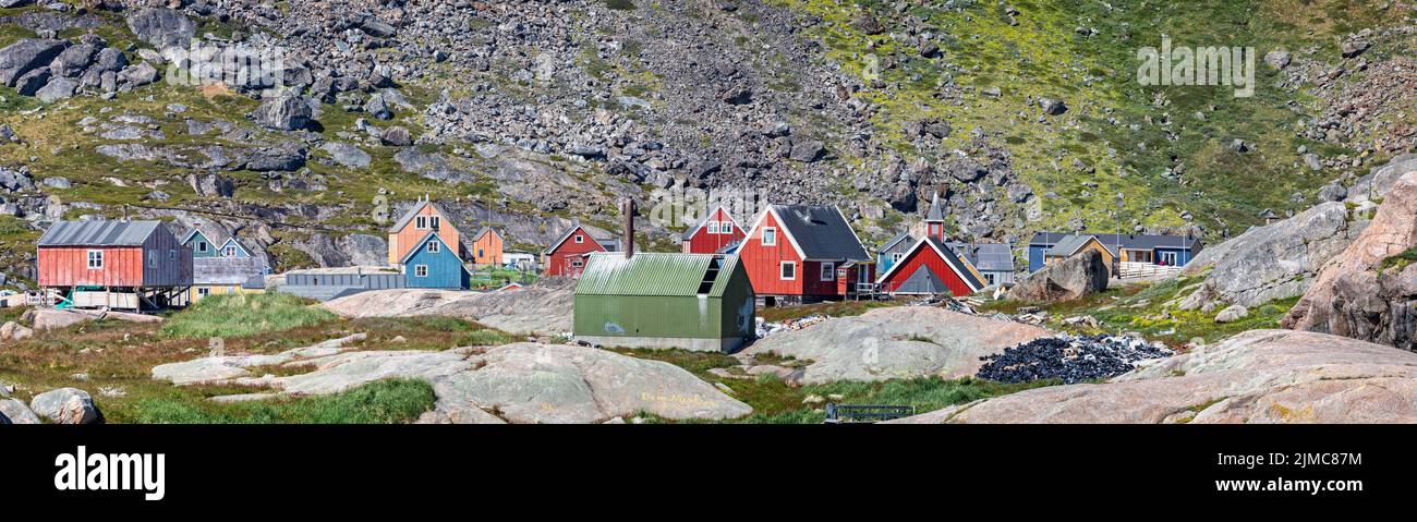 Remote settlement of  Aappilattoq in Prince Christian Sound, South Greenland on 22 July 2022 Stock Photo