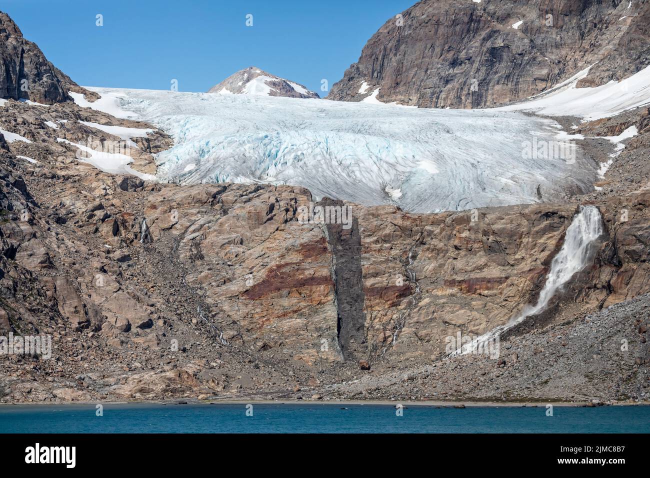 Close up of  glacier and meltwater waterfall in Prince Christian Sound, South Greenland Stock Photo