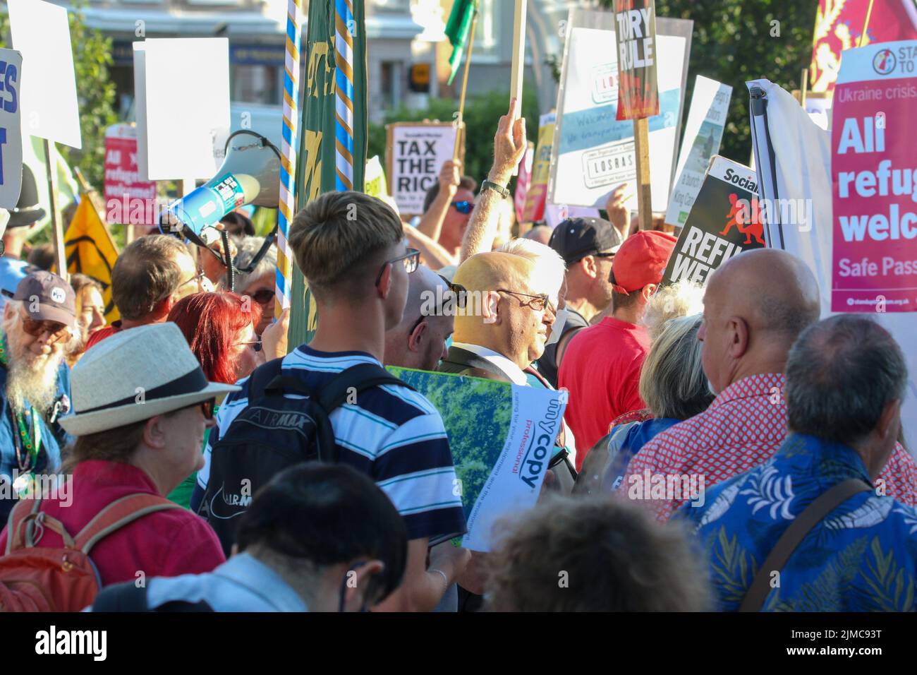 Eastbourne. East Sussex, UK. 5th Aug, 2022. Protesters marched through Eastbourne today as the town hosts the latest Hustings for the Tory Party Leadership contest. Credit: Pete Abel/Alamy Live News Stock Photo