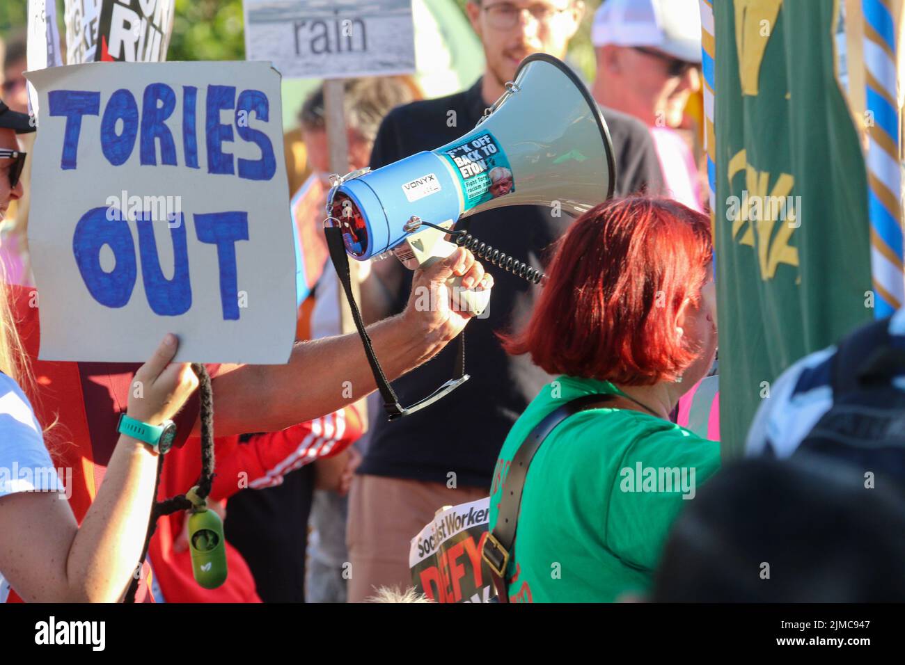 Eastbourne. East Sussex, UK. 5th Aug, 2022. Protesters marched through Eastbourne today as the town hosts the latest Hustings for the Tory POarty Leadership contest. Credit: Pete Abel/Alamy Live News Stock Photo