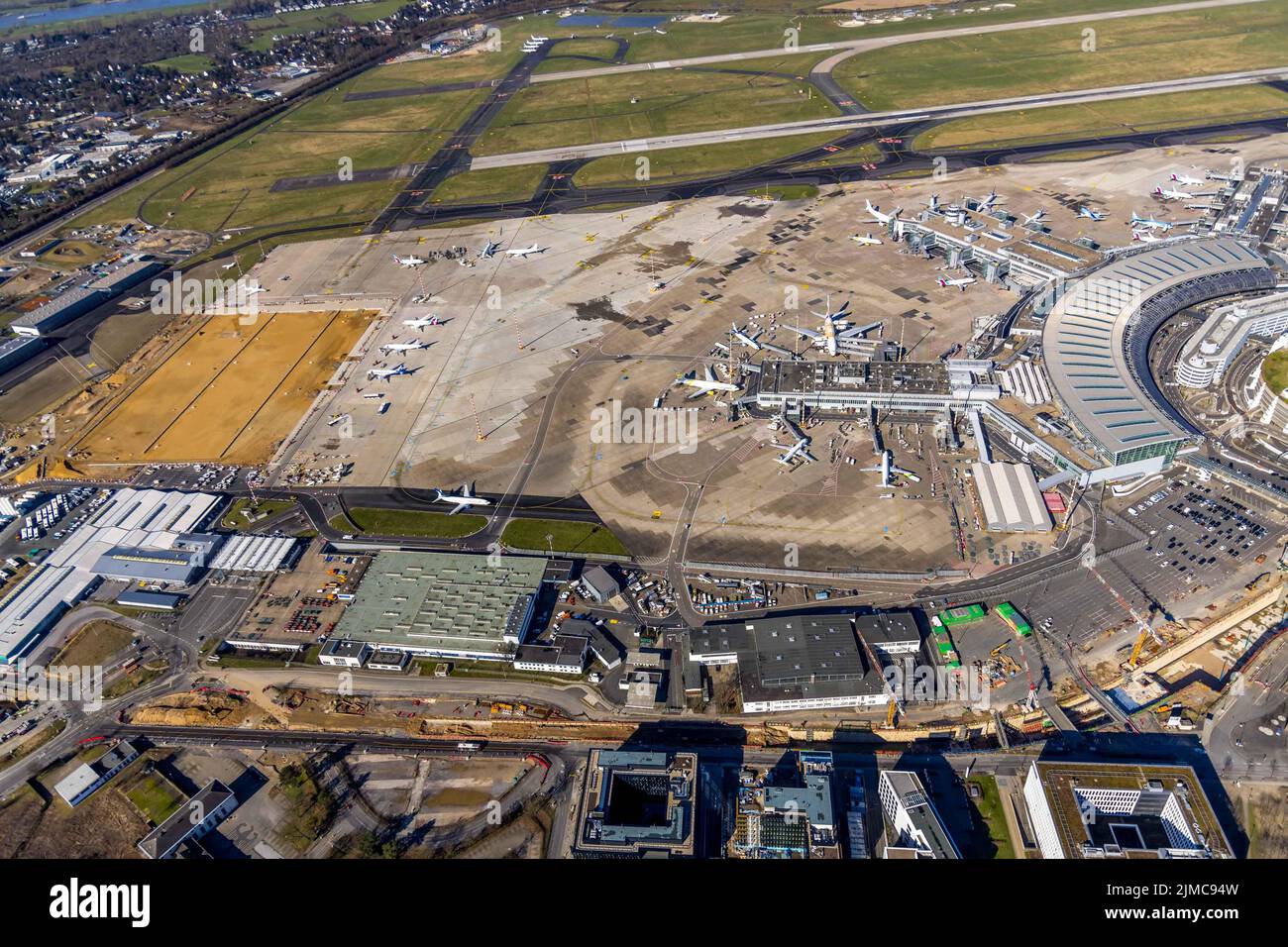 Aerial view, construction site at Düsseldorf Airport in Lohausen district in Düsseldorf, Rhineland, North Rhine-Westphalia, Germany Stock Photo