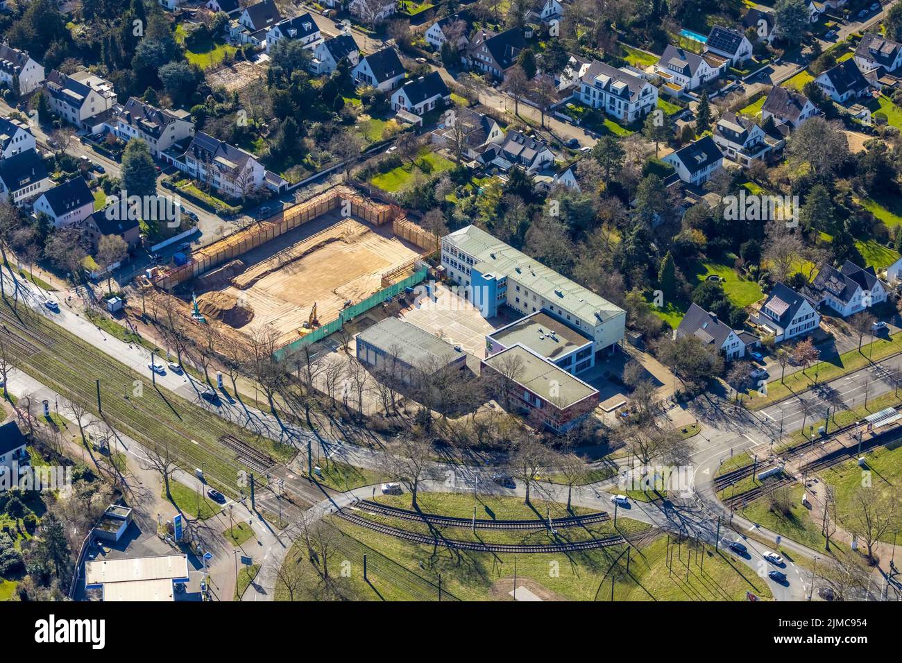 Aerial view, construction site and demolition of the former FFFZ building on Kaiserswerther Straße next to GGS Beckbusch-Schule in the Stockum distric Stock Photo