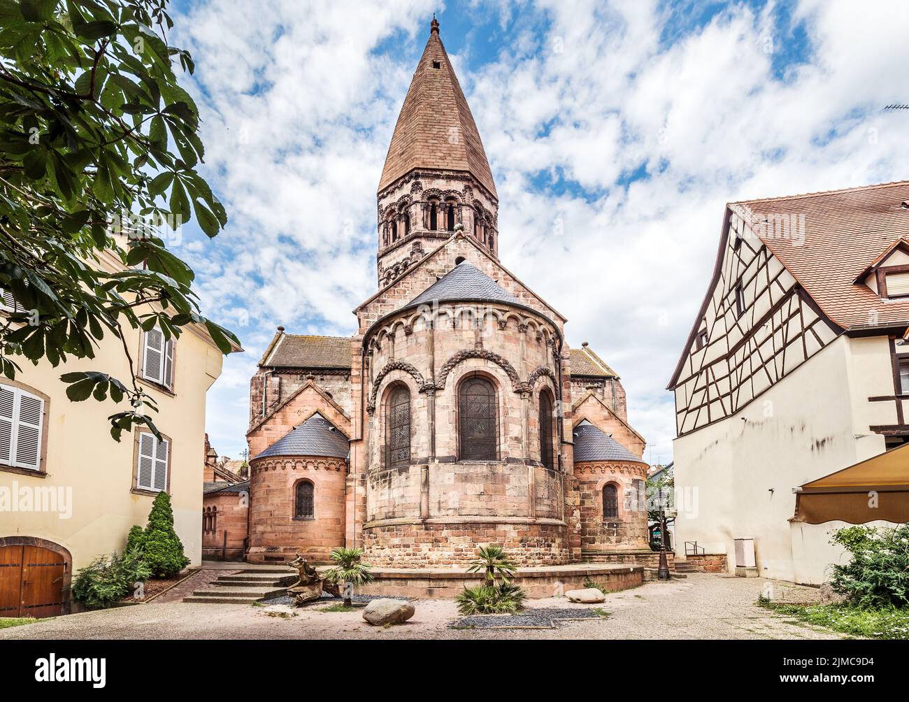 Church of Saint Faith of Selestat is a major Romanesque architecture landmark in Selestat Stock Photo