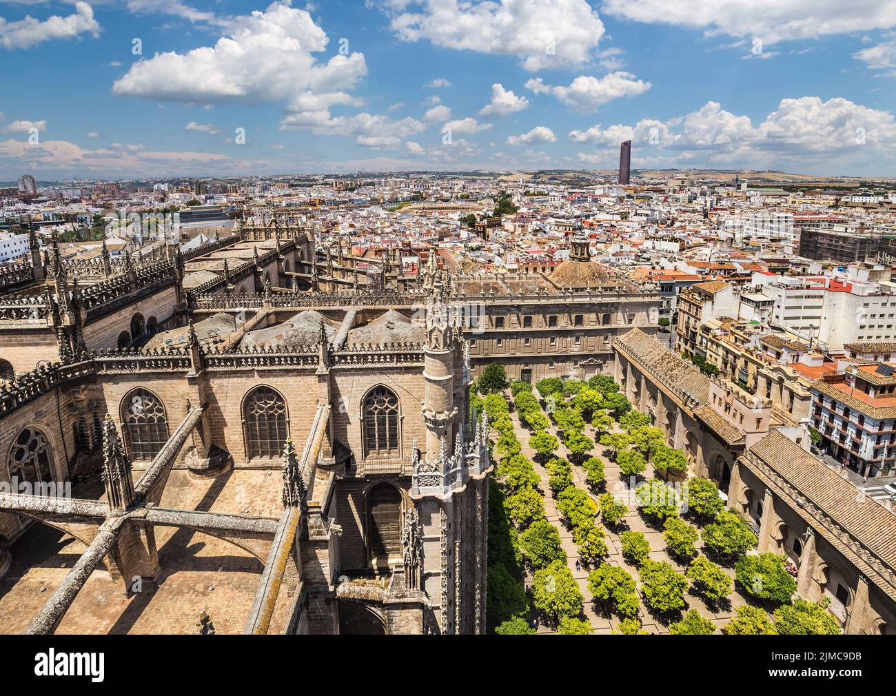 View of Orange Garden from Giralda Tower of the Cathedral of Seville, Spain Stock Photo