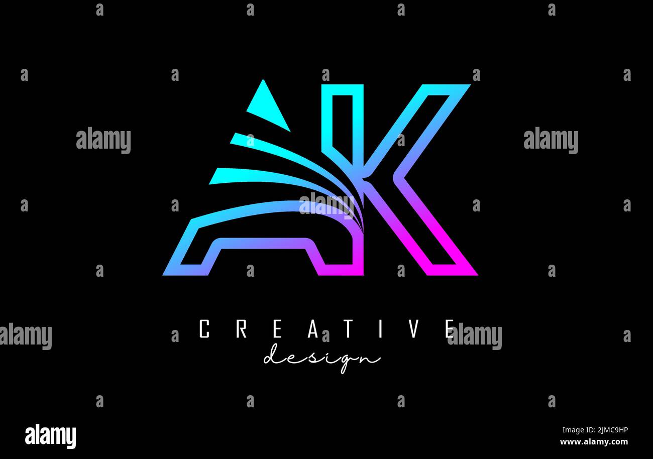 Outline colorful leading lines letters AK a k logo with road concept ...