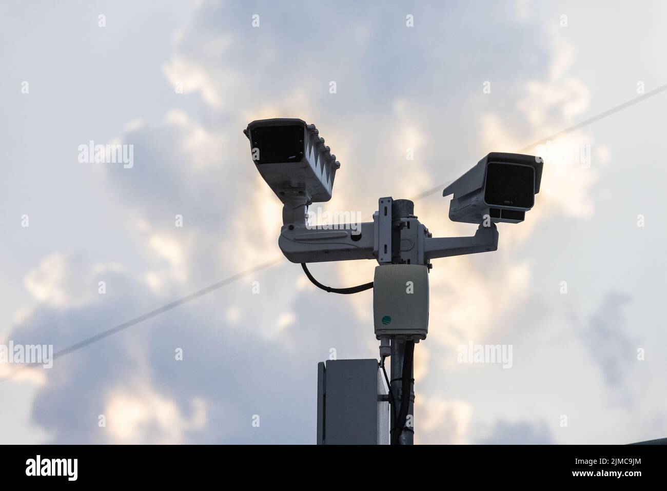 Freiburg, Germany. 05th Aug, 2022. Two surveillance cameras are mounted
