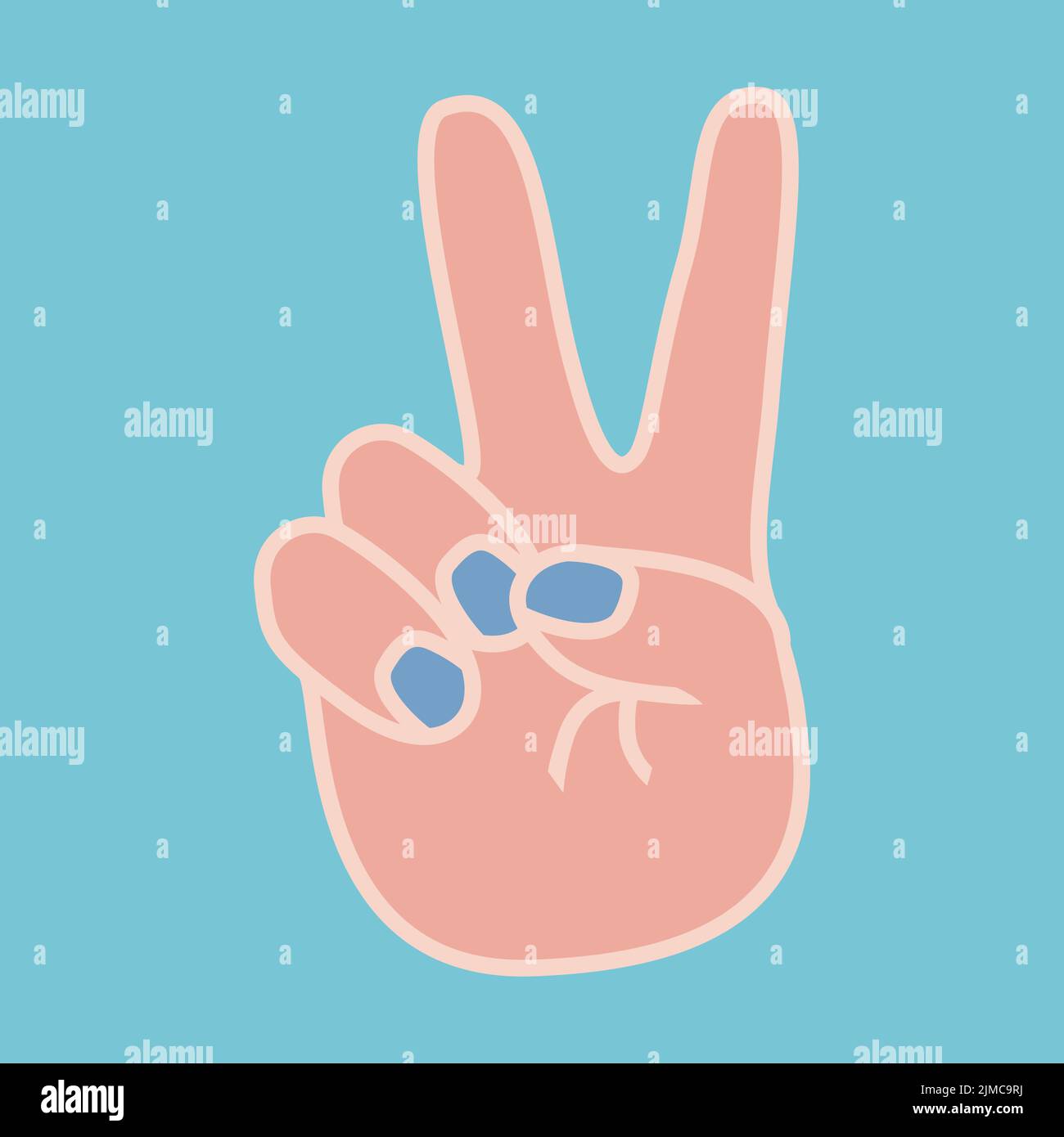 Cartoon hand showing two fingers. Peace Day. Retro vintage engraved illustration isolated on blue background. Stock Vector