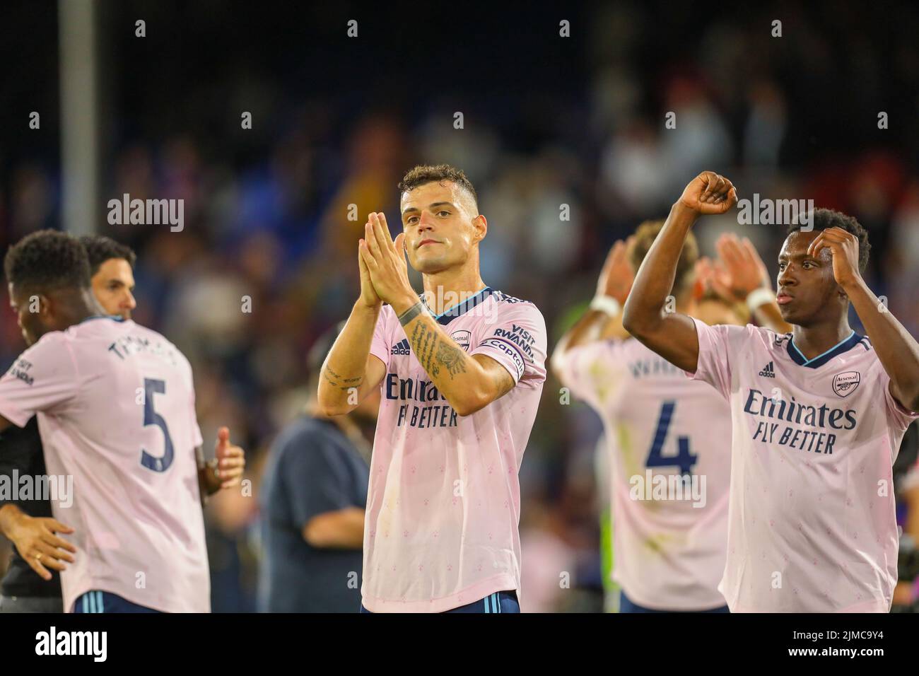 London, UK. 5th August 2022; Selhurst Park, Crystal Palace, London, England; Premier League football, Crystal Palace versus Arsenal: Granit Xhaka of Arsenal thanking the fans after their 0-2 win Credit: Action Plus Sports Images/Alamy Live News Stock Photo