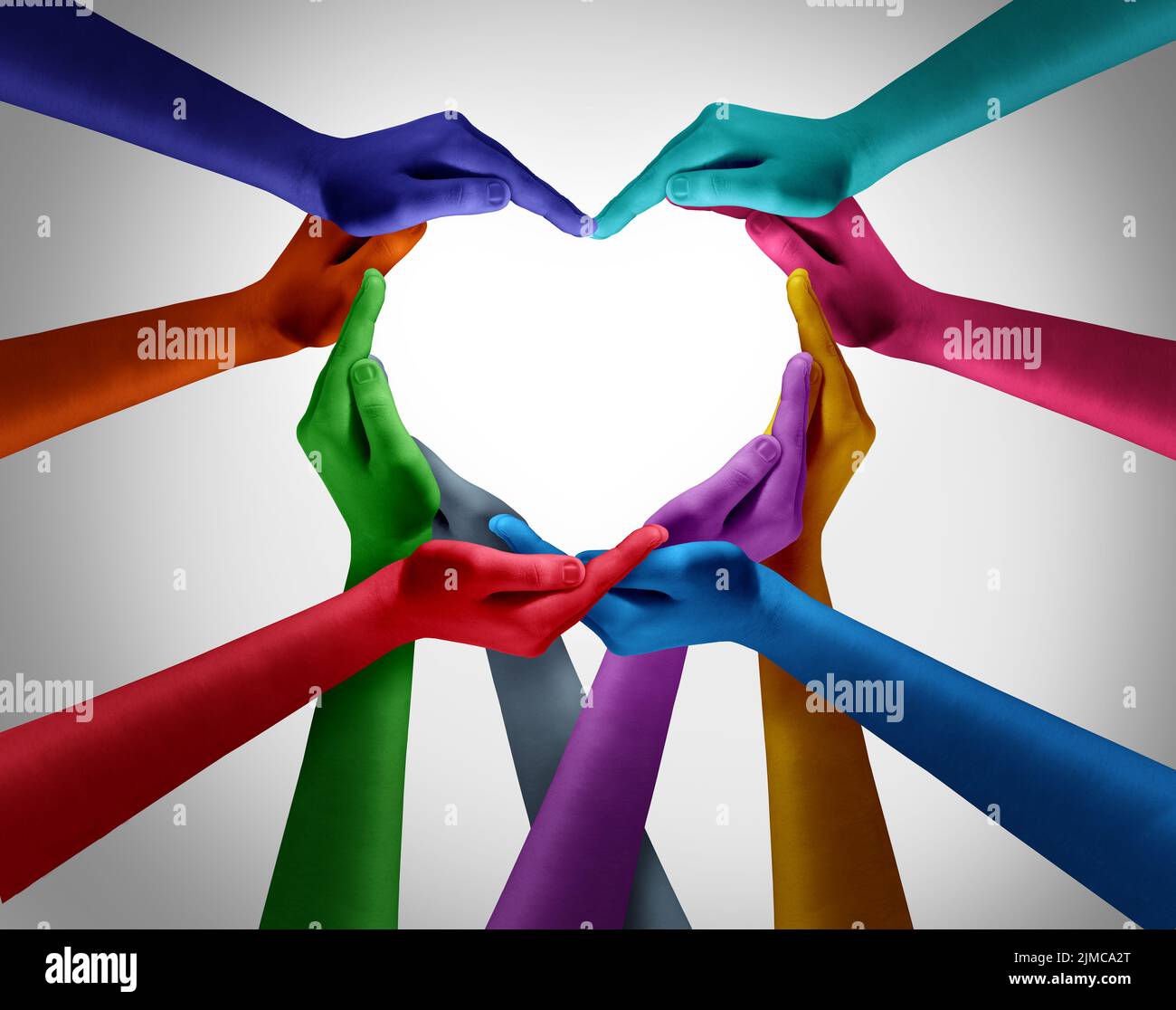 Diversity and inclusion as  a Heart shape made from diverse multicultural hands as a group of different people hands connected together shaped. Stock Photo