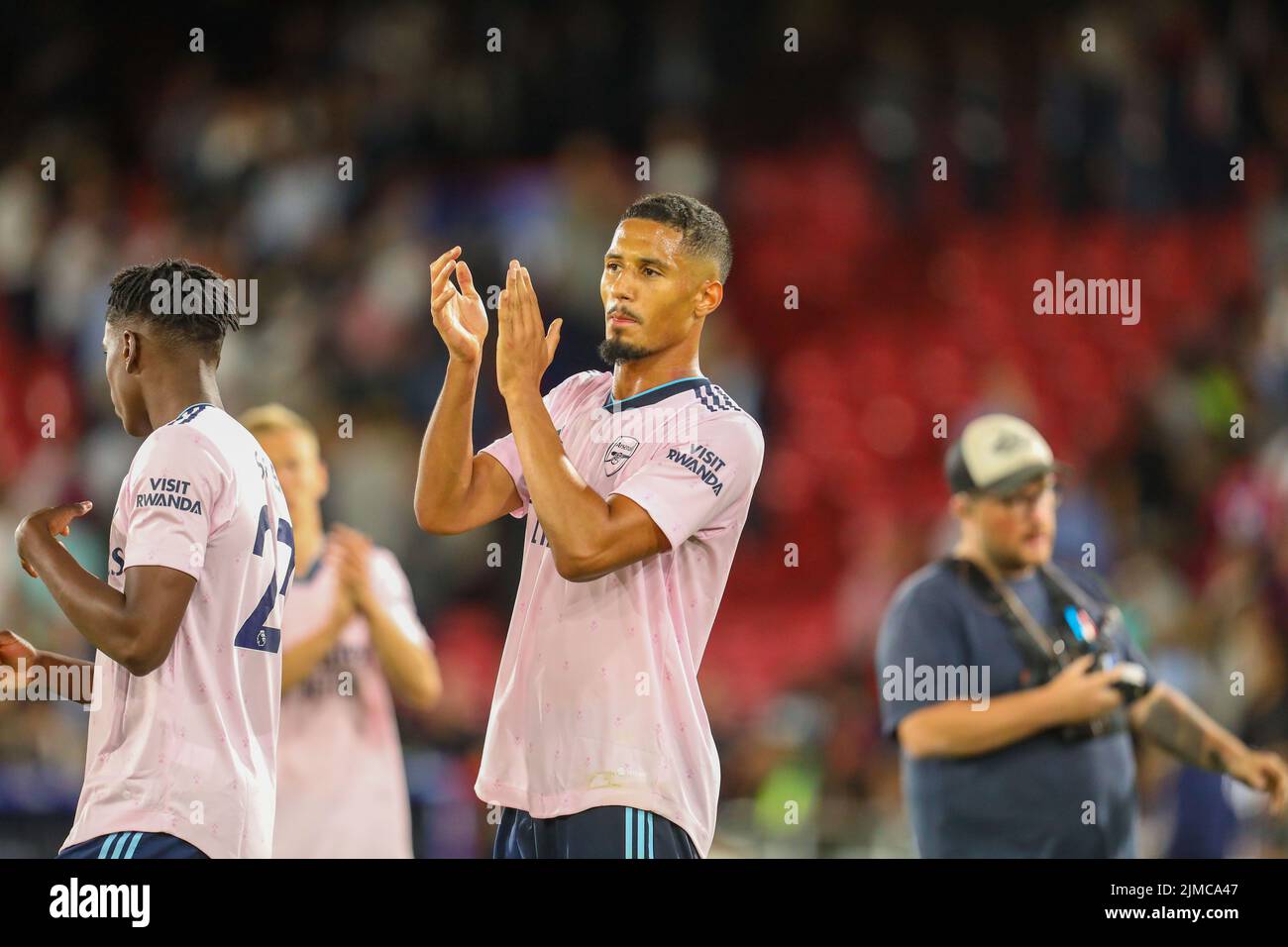 London, UK. 5th August 2022; Selhurst Park, Crystal Palace, London, England; Premier League football, Crystal Palace versus Arsenal: William Saliba of Arsenal thanking the fans Credit: Action Plus Sports Images/Alamy Live News Stock Photo