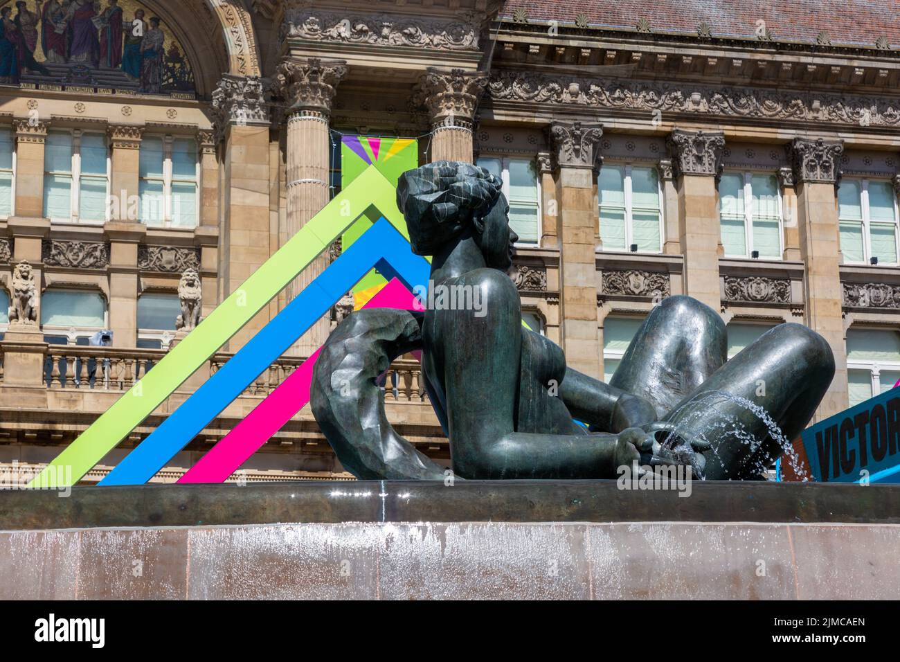 Birmingham's famous Floozie in the Jacuzzi, The River by artist Dhruva Mistry and fountains during the Commonwealth Games in Birmingham 202, UK Stock Photo