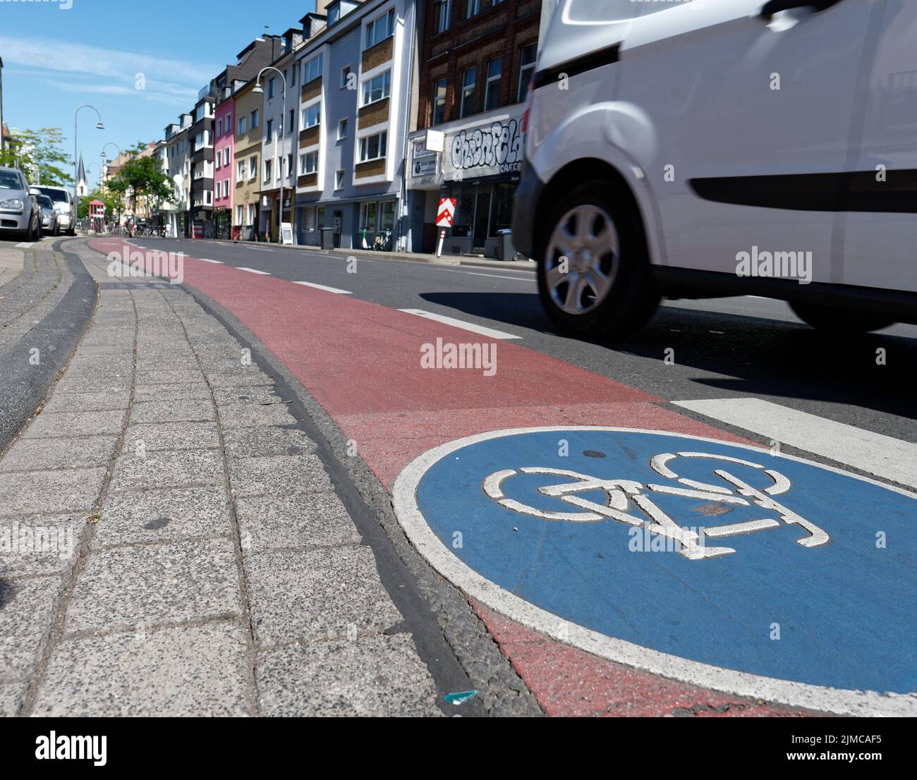 Cologne, Germany August 03, 2022: dangerously narrow bike lane on busy ...
