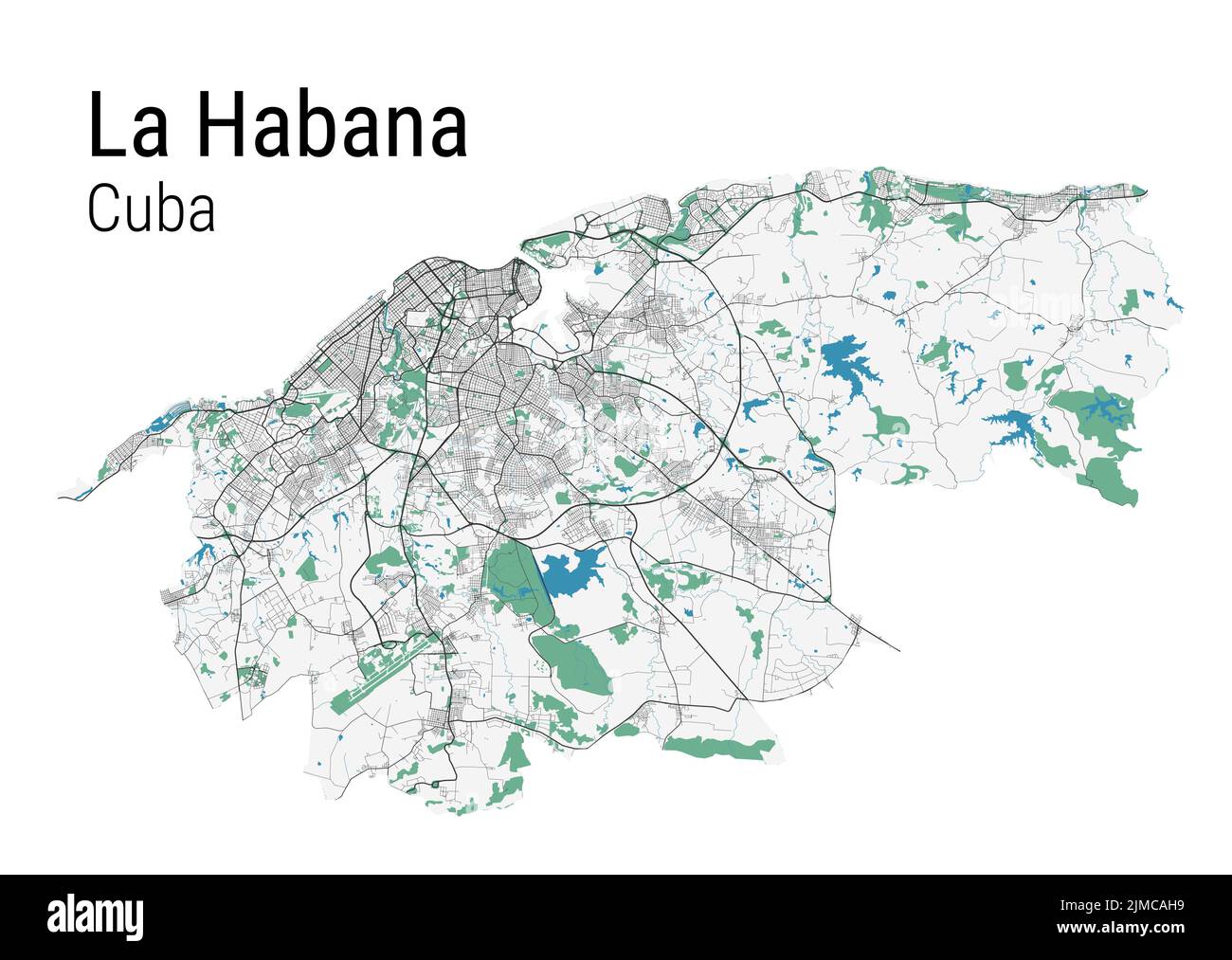 Havana vector map. Detailed map of Havana city administrative area. Cityscape panorama. Royalty free vector illustration. Road map with highways, rive Stock Vector