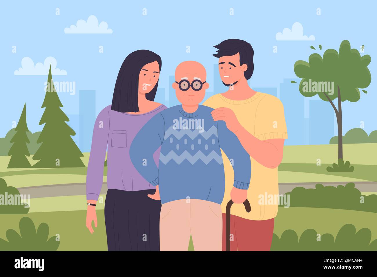 Senior man with his children. Happy family moment, retired parent with kids care cartoon vector illustration Stock Vector